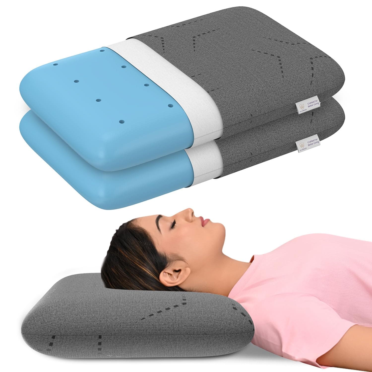 MY ARMOR Ventilated Cool Gel Memory Foam Pillows, Orthopedic Pillows for Neck Pain Relief, Queen Size - 4.5 Inch High with Grey Colour Removable Pillow Cover - Pack of 2