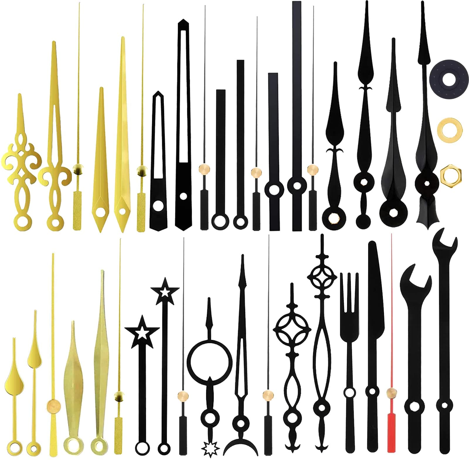 14 Styles Non Ticking Wall Clock Movements Mechanism, Clock Hands Made of Aluminum, Clock Hands Quartz Motor Kit Battery Operated DIY Clock Accessories for Repair Parts Replacement,Black,Gold