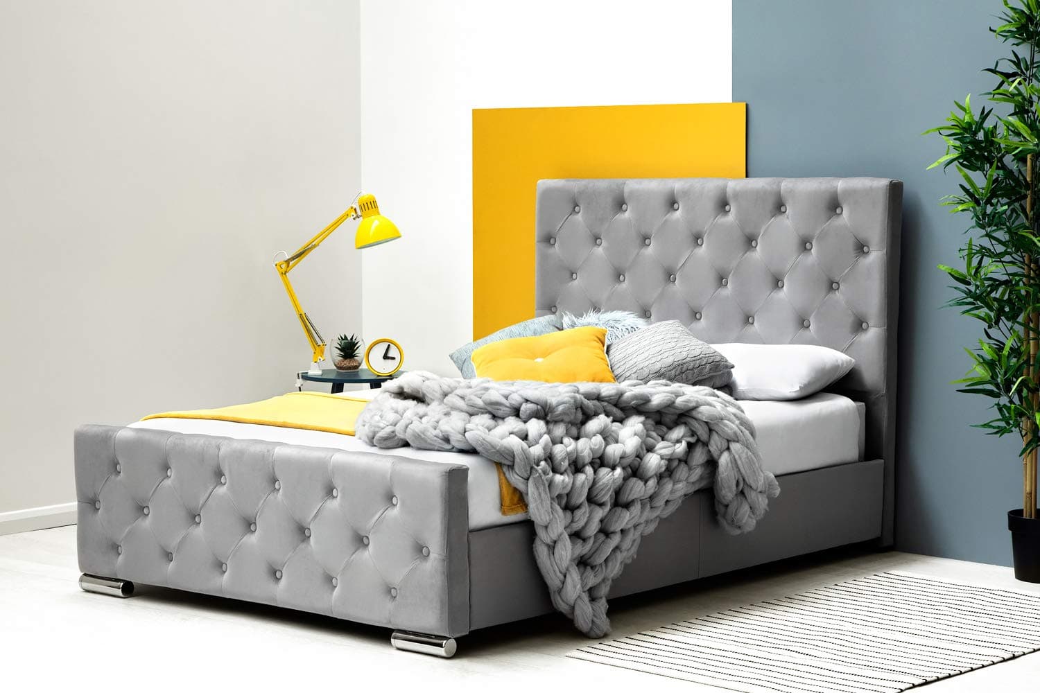 Sleep Design Buckingham Grey Fabric, Grey Velvet or Silver Crushed Velvet Bed Frame Bed Frame Double or King Size (Grey Velvet, King)