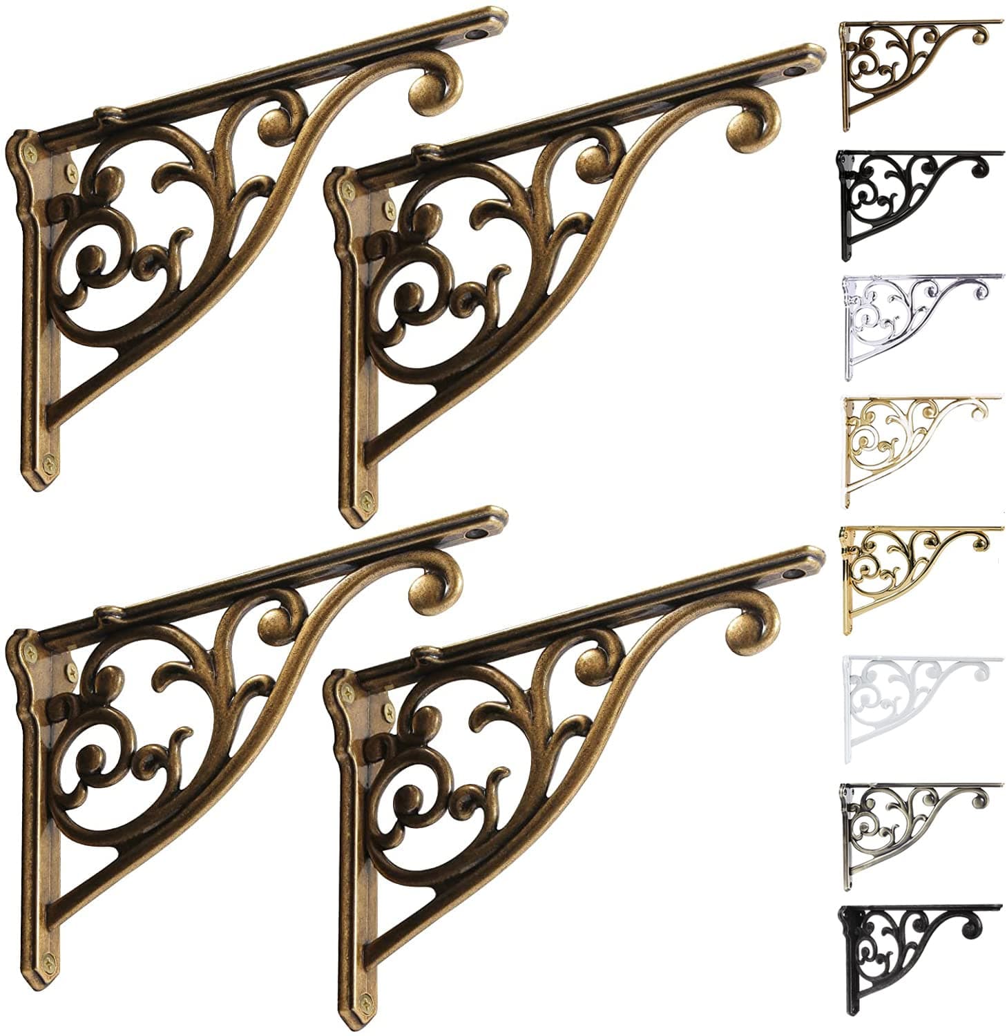 Shelf Brackets 8 Inch 4 Pack Heavy Duty Antique Brass Wall Bracket Victorian Kitchen Decorative Rack Shelves, Shelf Bracket Available in 8 finishes. (4, Antique Brass)