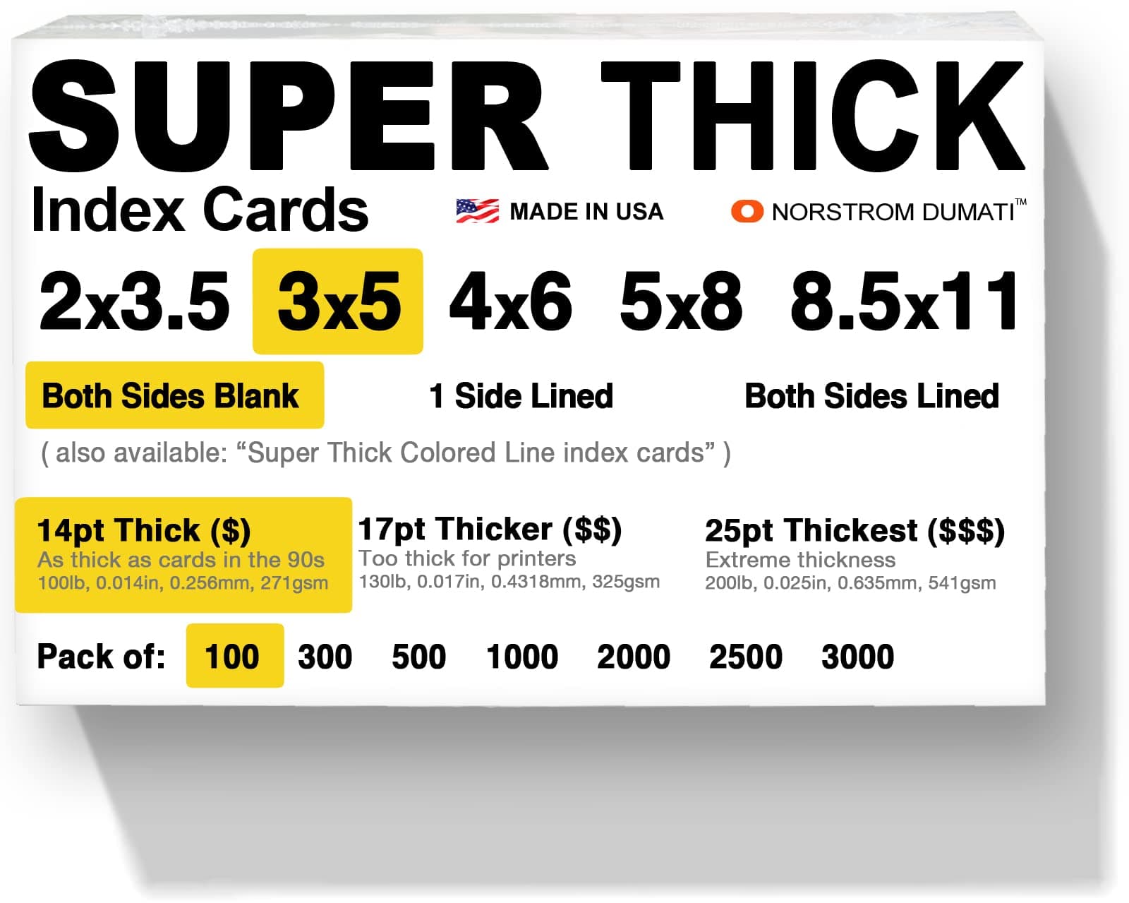 100 SUPER THICK index cards / 3"x5" / 14pt (0.014") 100lb / blank un-ruled/archival acid-free