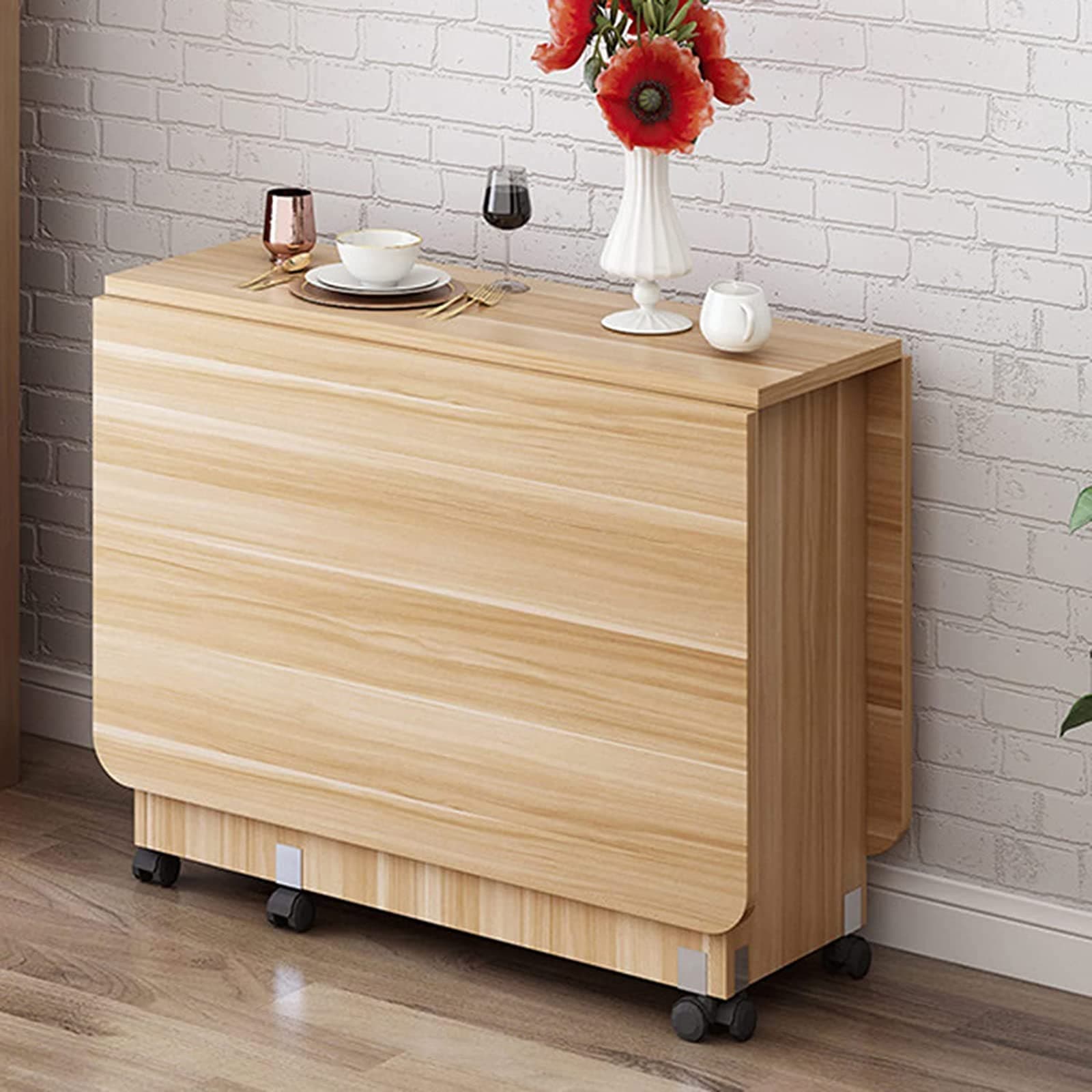 Kitchen Dinner Table, Rectangle Wood Drop Leaf Table, Expandable Folding Dining Table with 6 Wheels, Round Edge Design, for Small Space Dining Table