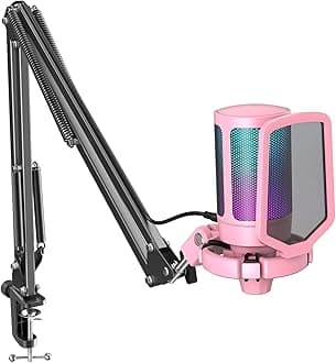 FIFINE Streaming USB Microphone Kit, PC Gaming Mic Set, Condenser Cardioid RGB Mic for Desktop, Laptop, with Tap-to-Mute, Gain Knob-A6T Pink