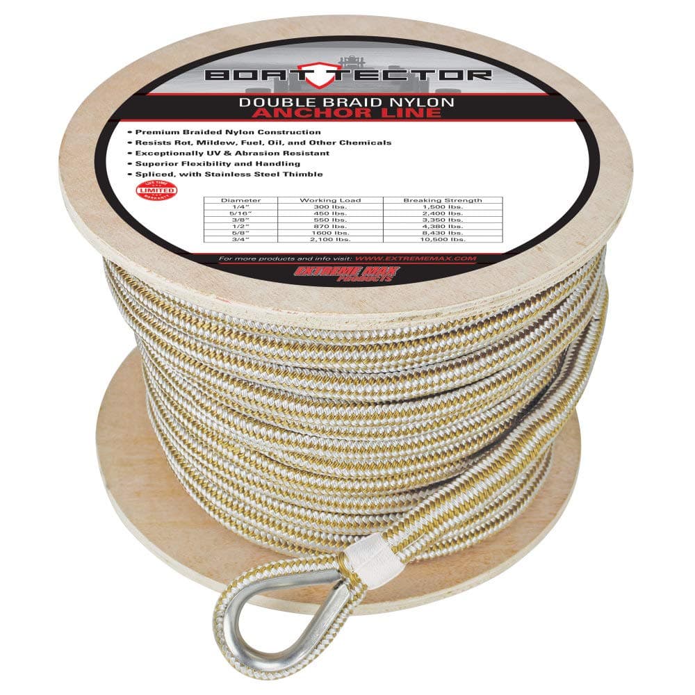 Extreme Max 3006.2273 BoatTector Premium Double Braid Nylon Anchor Line with Thimble - 5/8" x 200', White & Gold