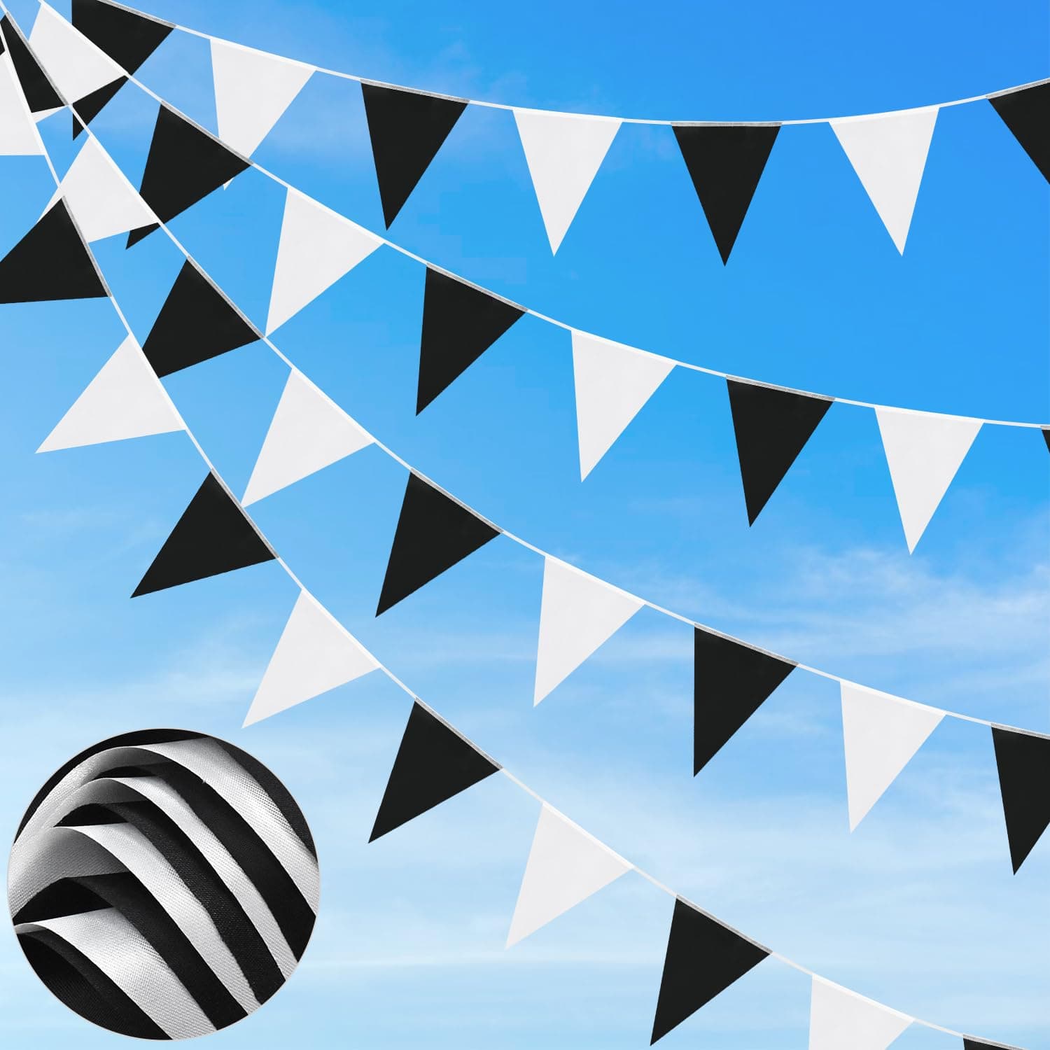 66ft Banner Waterproof Polyester Fabric Triangle Flags Reusable Pennant Bunting Black White for Party Decorations Birthday Outdoor Garden
