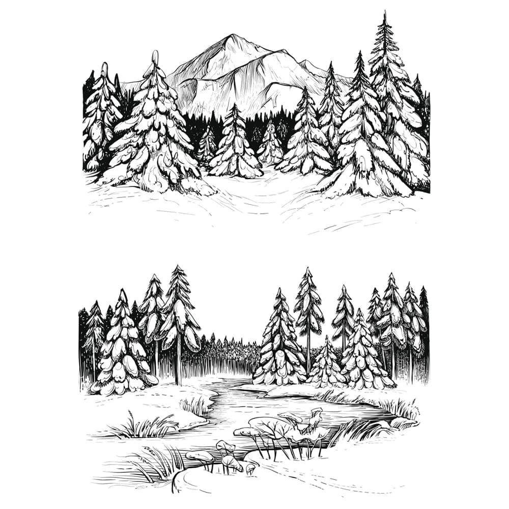 Mountain River Trees Clear Stamps for Card Making Scrapbooking Crafting DIY Decorations, Background Winter Christmas Rubber Stamps Transparent Silicone Seal for Embossing Album Crafts