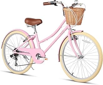 20 24 26 Inch Beach Cruiser Bike, 6-Speed Hybrid City Bicycle for Girls Youth and Over 6 Years Old, Missy Bike with Wicker Basket & Lightweight, Multiple Colors