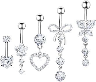 Belly Button Ring Dangle Navel Belly Piercing Jewelry Cute Pink CZ Heart Butterfly Bow Flower Navel Belly Rings for Women 14G Silver Stainless Steel Dainty Dangly Dangling Belly Button Piercing