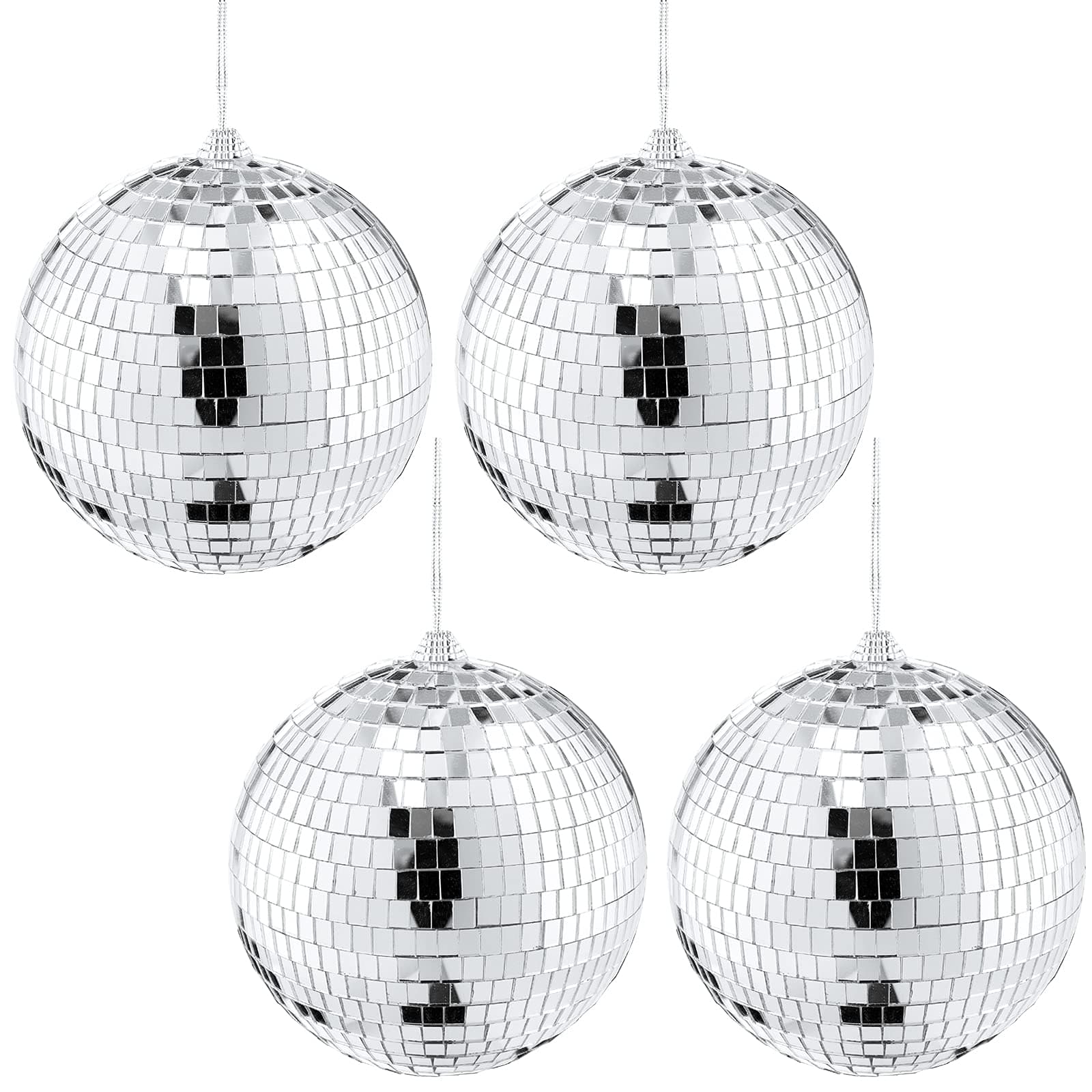 Suwimut 4 Pack Mirror Disco Ball, 6 Inch Cool and Fun Silver Hanging Disco Ball with Attached String for a Party or Dj Light Effect, Party Decorations, Home Decorations, Stage Props, Christmas