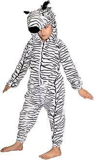 Fleece Zebra Wild Animal Costume For Kids - Black & White, 5-6 Years | Animal Fancy Dress For Boys & Girls