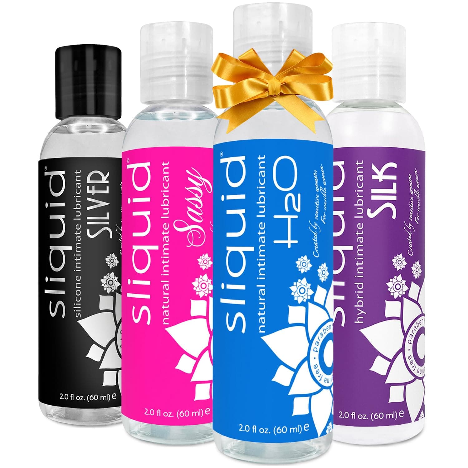 H2O, Sassy, Silk, and Silver Pleasure Pack - Water-Based Lube & Silicone Lubricant Set, Gift Ideas for Women/Men/Couples, Travel-Size Personal Lubricant, 2 Fl Oz Ea (4 Piece Set)