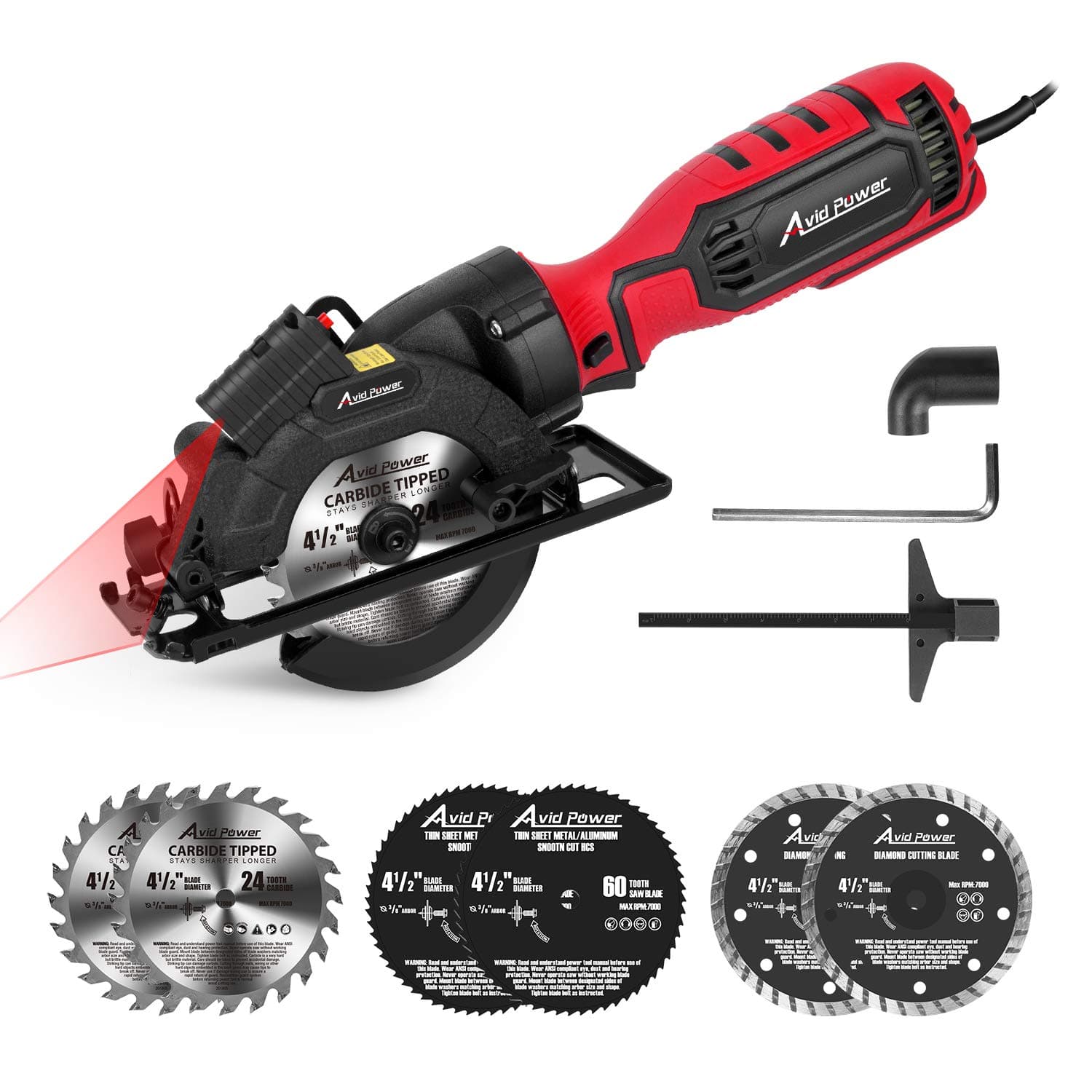 Avid Power Circular Saw, 4-1/2" Compact Electric Circular Saw 6.2A with 6 Saw Blades, Laser Guide, Scale Ruler, Ideal for Wood, Soft Metal, Tile, and Plastic Cuts