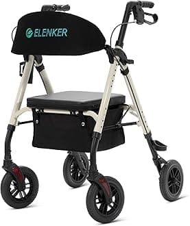 ELENKER All-Terrain Rollator Walker with 8” Non-Pneumatic Wheels, Sponge Padded Seat and Backrest, Fully Adjustment Frame for Seniors, Champagne