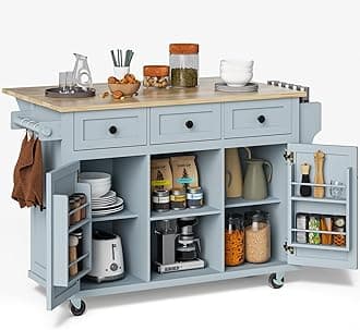 Rovibek Kitchen Island with Drawers 53 in Rolling Island Cart Mobile Portable Islands on Wheels Solid Wood Island with Storage Cabinet & Drawers, Blue