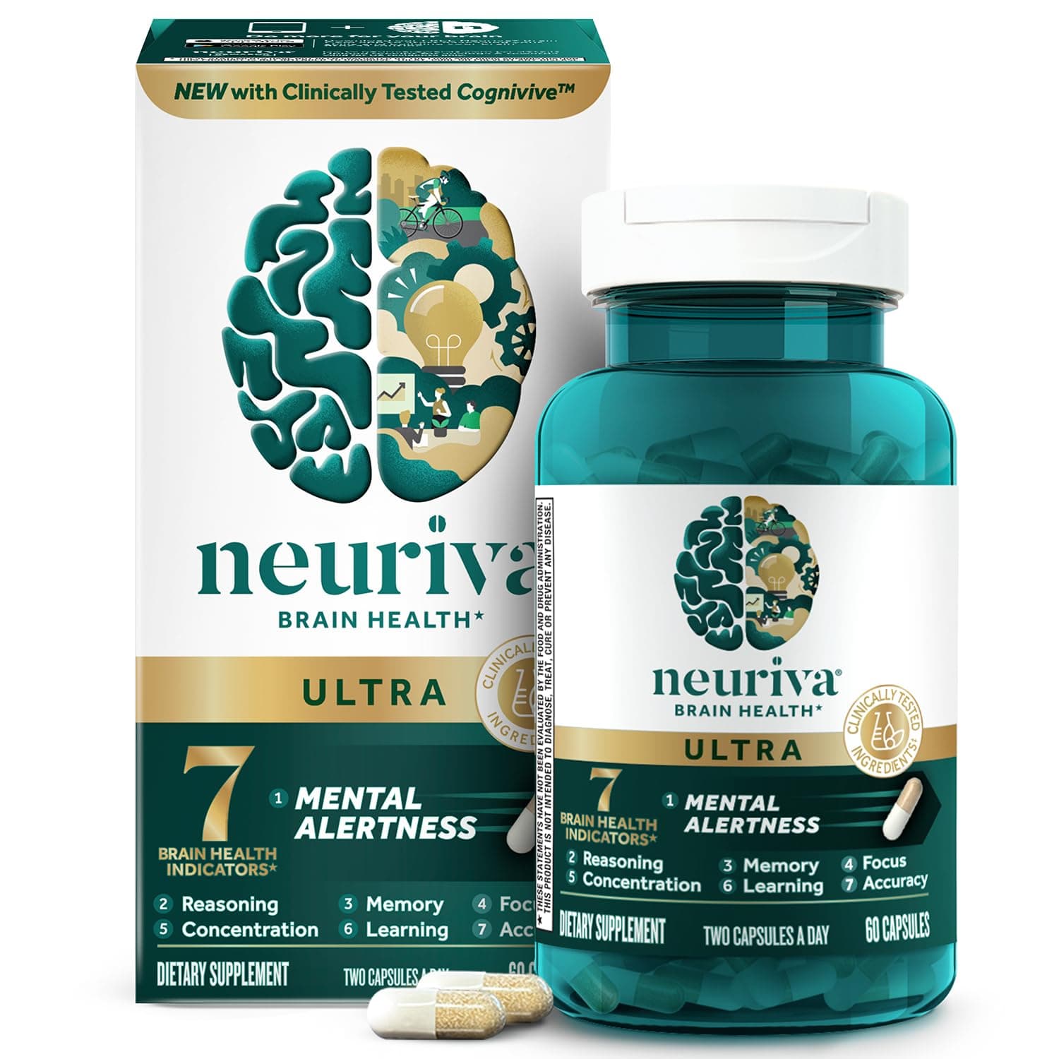 NEURIVA Ultra Decaffeinated Clinically Tested Nootropic Brain Supplement for Mental Alertness, Memory, Focus & Concentration, Cognivive, Neurofactor, Phosphatidylserine, Vitamins B6 B12, 60 Capsules