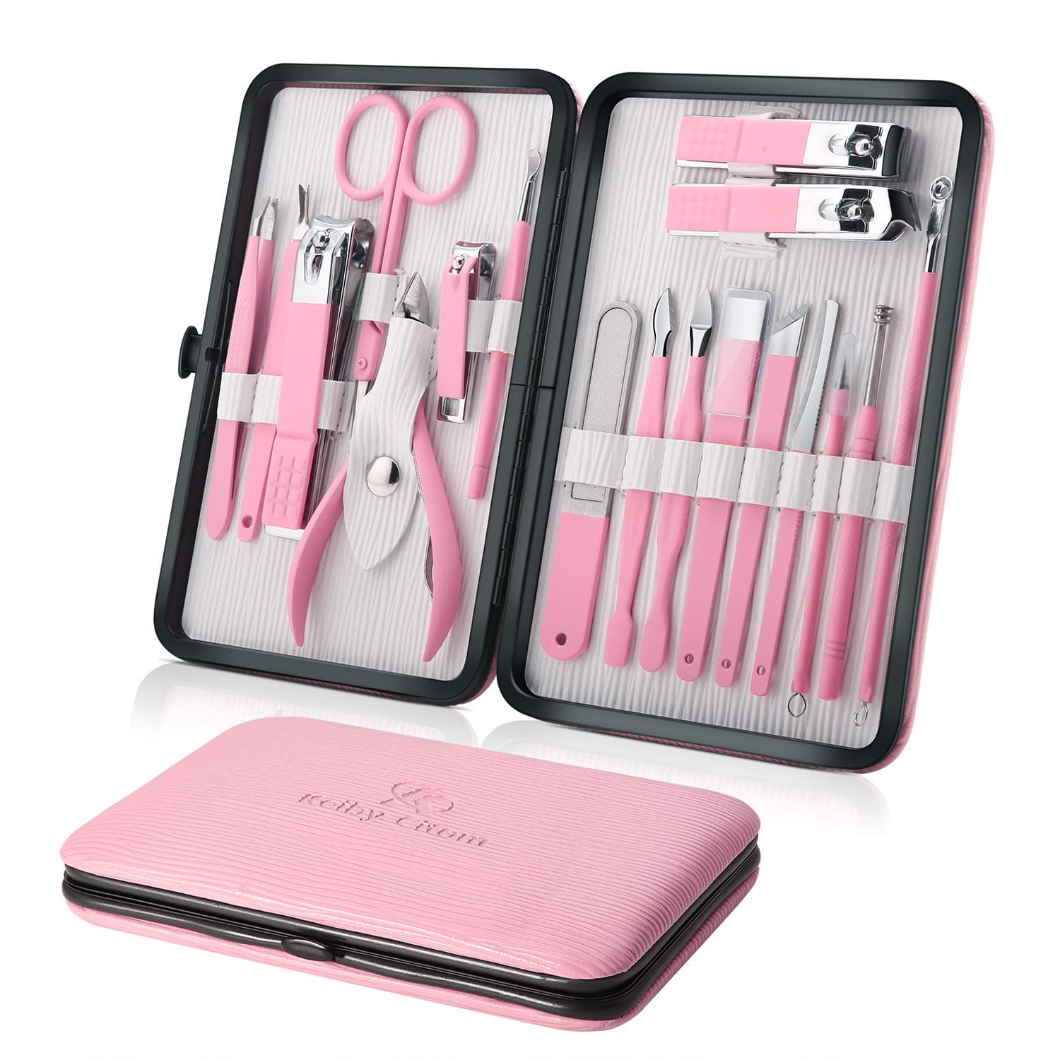 Manicure Set 18pcs Professional Nail Clippers Kit Pedicure Care Tools-Stainless Steel Grooming Tools With Pink PU Leather Case for Travel & Home (Pink)