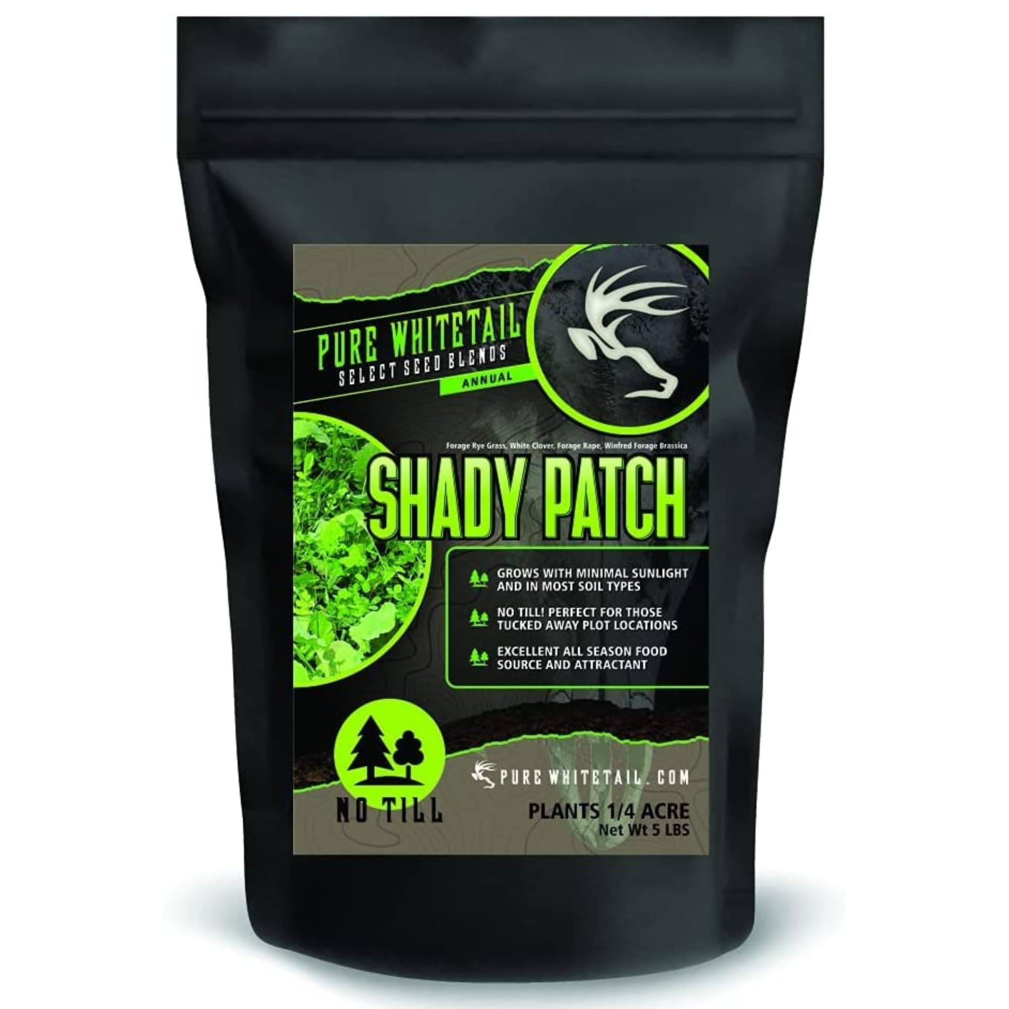 Shady Patch | All Year Deer Feeder | No Plow Food Plot Seed for Deer | Deer Food Plot Seed | White Clover Winfred Forage Brassica Rye Grass Seeds | Plants 1/4 Acre | 5 lb Bag