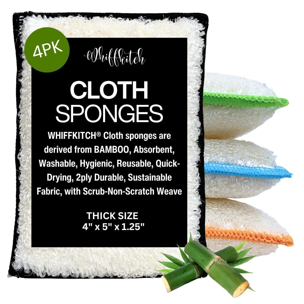 Whiffkitch Bamboo Fiber Kitchen Sponges – Washable Multicolor Non Scratch Dish Sponge Set for Sink, Dishes, and Countertops – Durable Household Cleaning Pads, Washable Dishwashing Scrubbers, 4-Pack