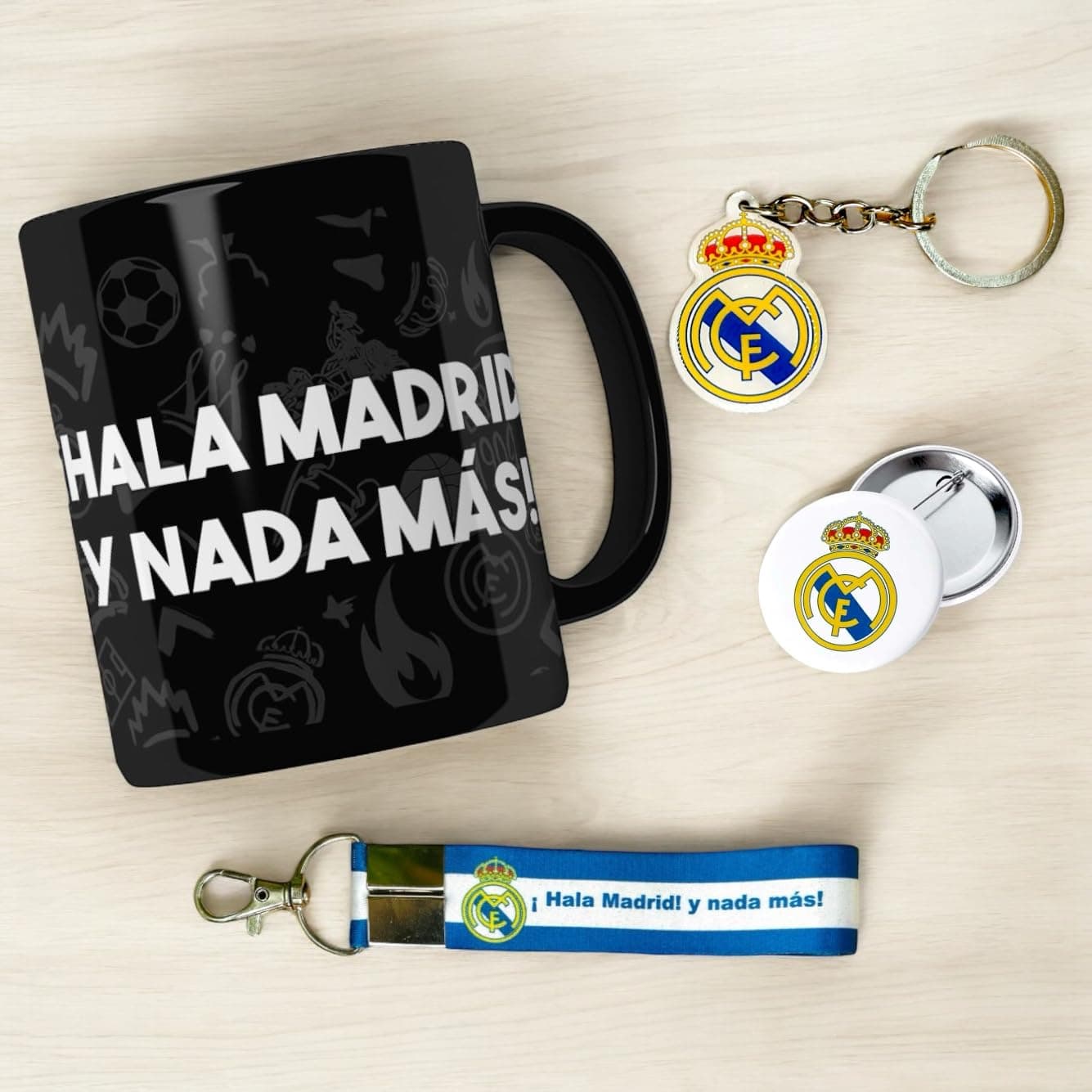 SINCE 7 STORE Real Madrid Combo Gift Box: 4-Piece Set - Mug, MDF Keychain, Lanyard, Badge