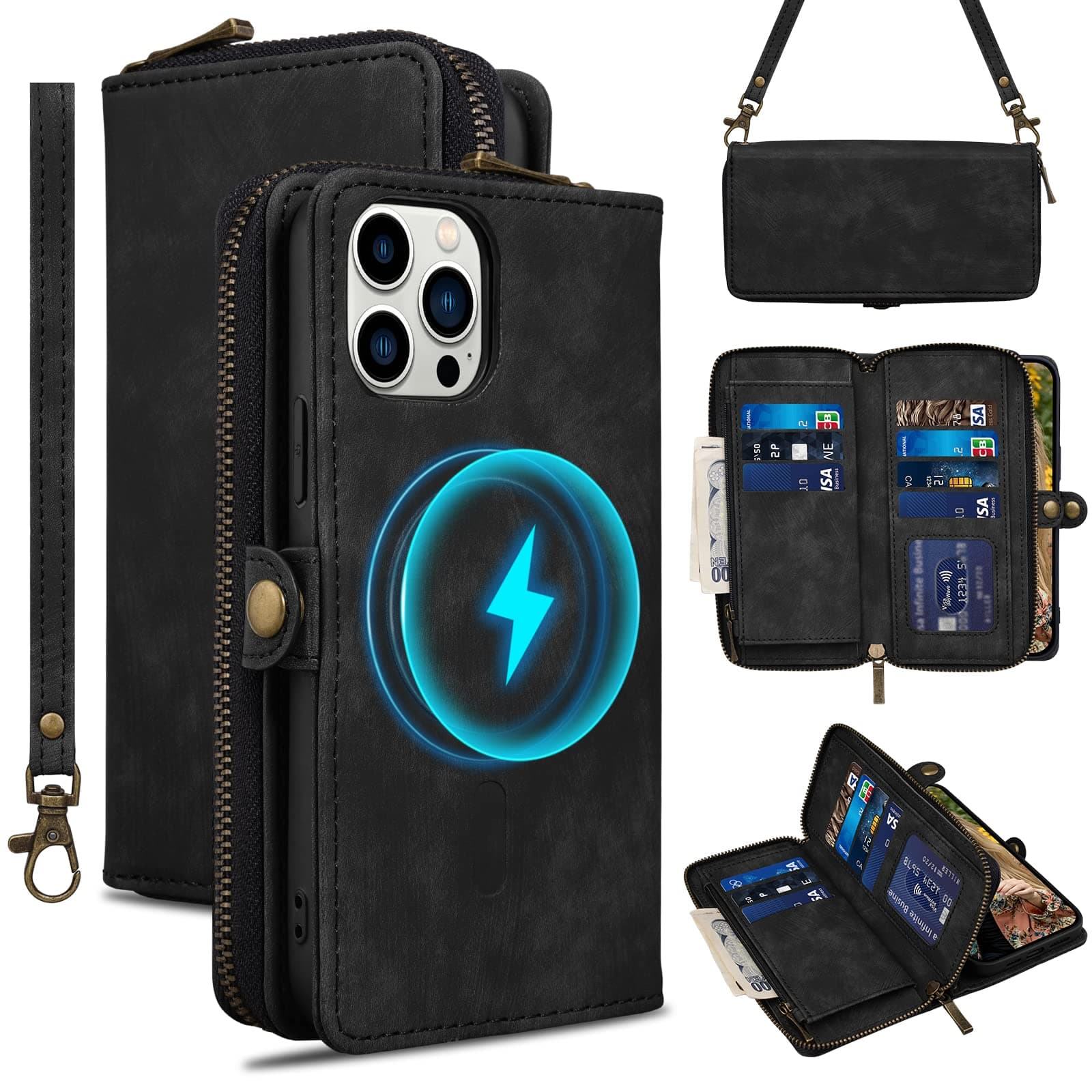 Rssviss for iPhone 12/12 Pro Case Wallet Cover for Women Men, 《RFID Blocking》《Magsafe》Credit Card Holder Leather Strap Zipper Wristlet Flip iPhone 12 Pro Case with Magnetic Shockproof 6.1" Black