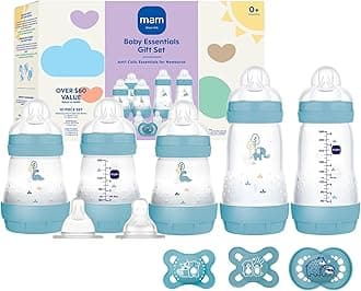 MAM Easy Start Anti-Colic Baby Bottle & Pacifier Set, 5 Self Sterilizing Bottles (3X 5oz, 2X 9oz) & 3 Original Pacifiers 0–16 Months + Extra Nipples, Newborn Feeding Gift Set