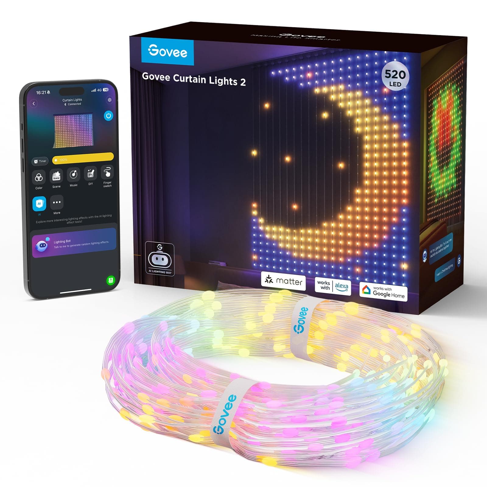 Curtain Lights 2, 520 LEDs, Smart LED Curtain Light with DIY GIF AIGC, Non-Splicable, RGBIC Color Changing Holiday Lights for Indoor Outdoor Bedroom Window Decor, IP65 Waterproof, 4.9×6.6ft