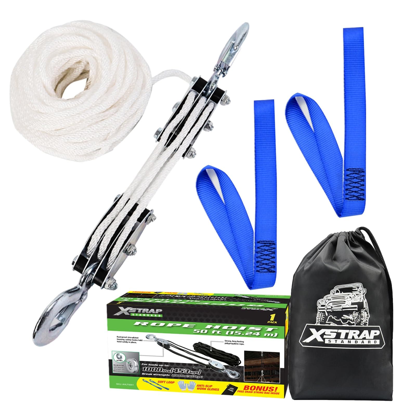 XSTRAP STANDARD Heavy-Duty 2,000 LB Breaking Strength 50 FT Rope Hoist, 1000 LB Work Load Block and Tackle Pulley System for Lifting Heavy Objects (White)