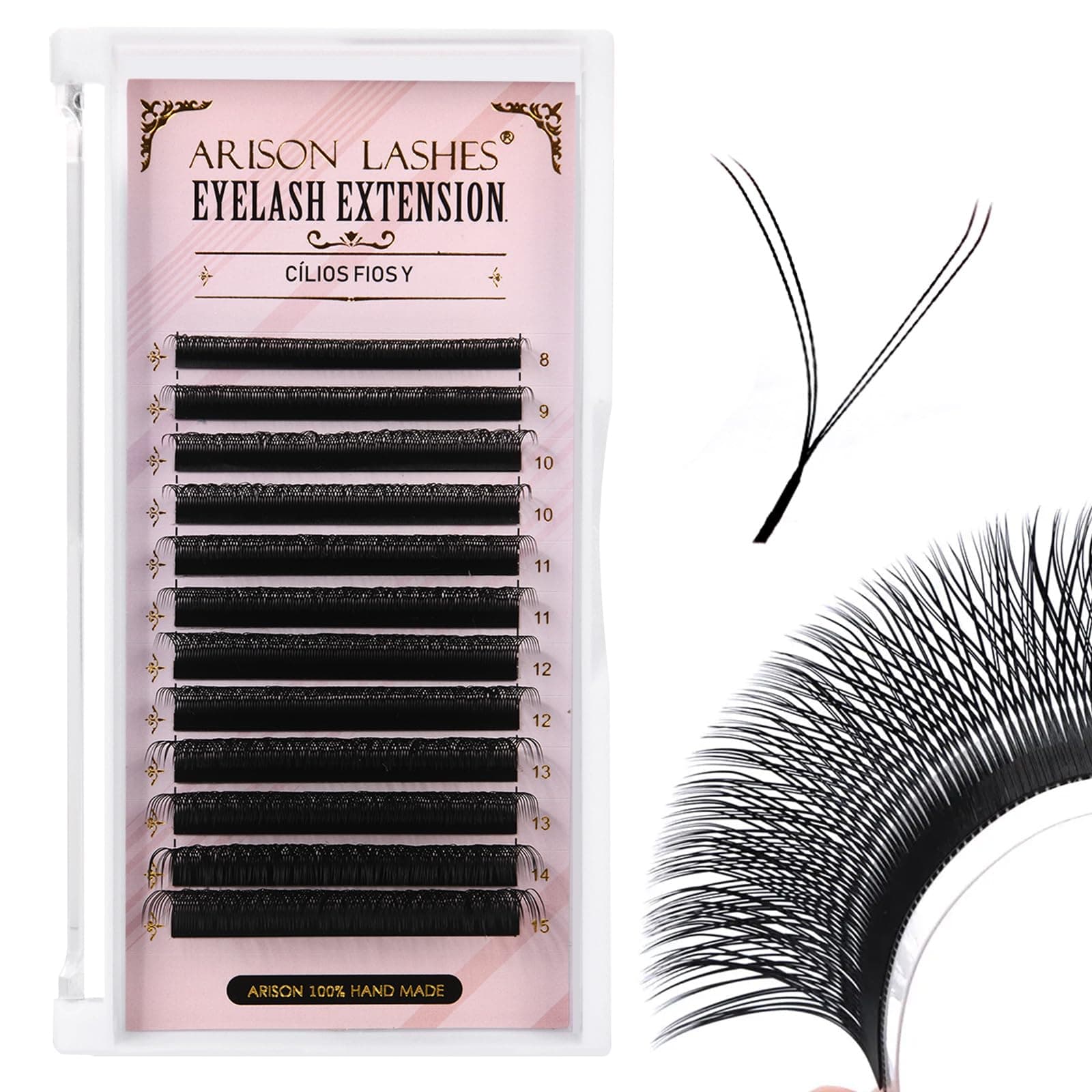 Arison Lashes YY Eyelash Extension Y Lashes D Curl Mix Tray Premade Fans Volume Y Shape Faux Mink Matte 12 rows Cluster pre Fanned Soft Eye Lashes(YY-0.05-D-8-15mix)