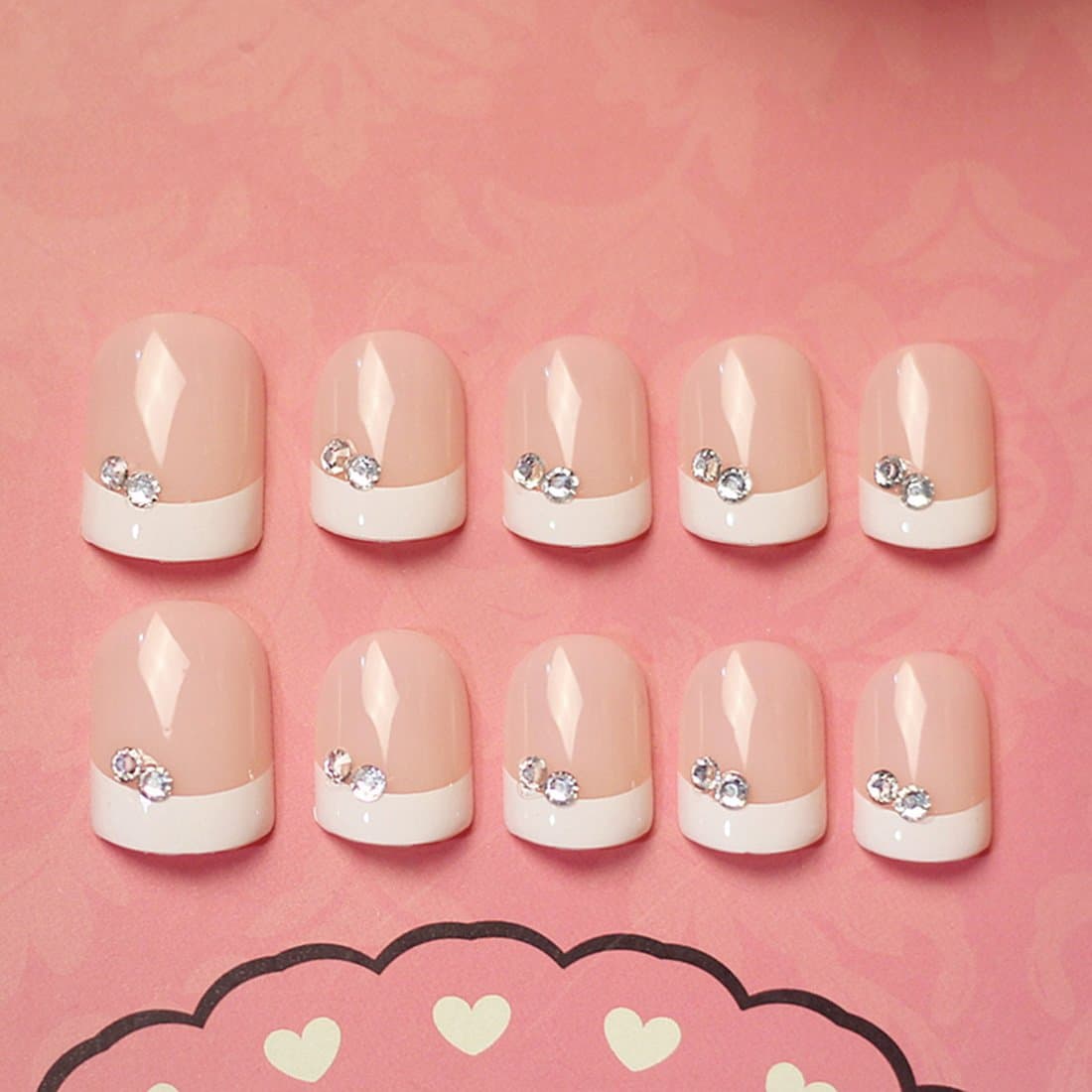 Simple White French Nails for Office Lady 24 Pcs/set Classical French White with Rhinestones False Nails Hot Sale in 2016