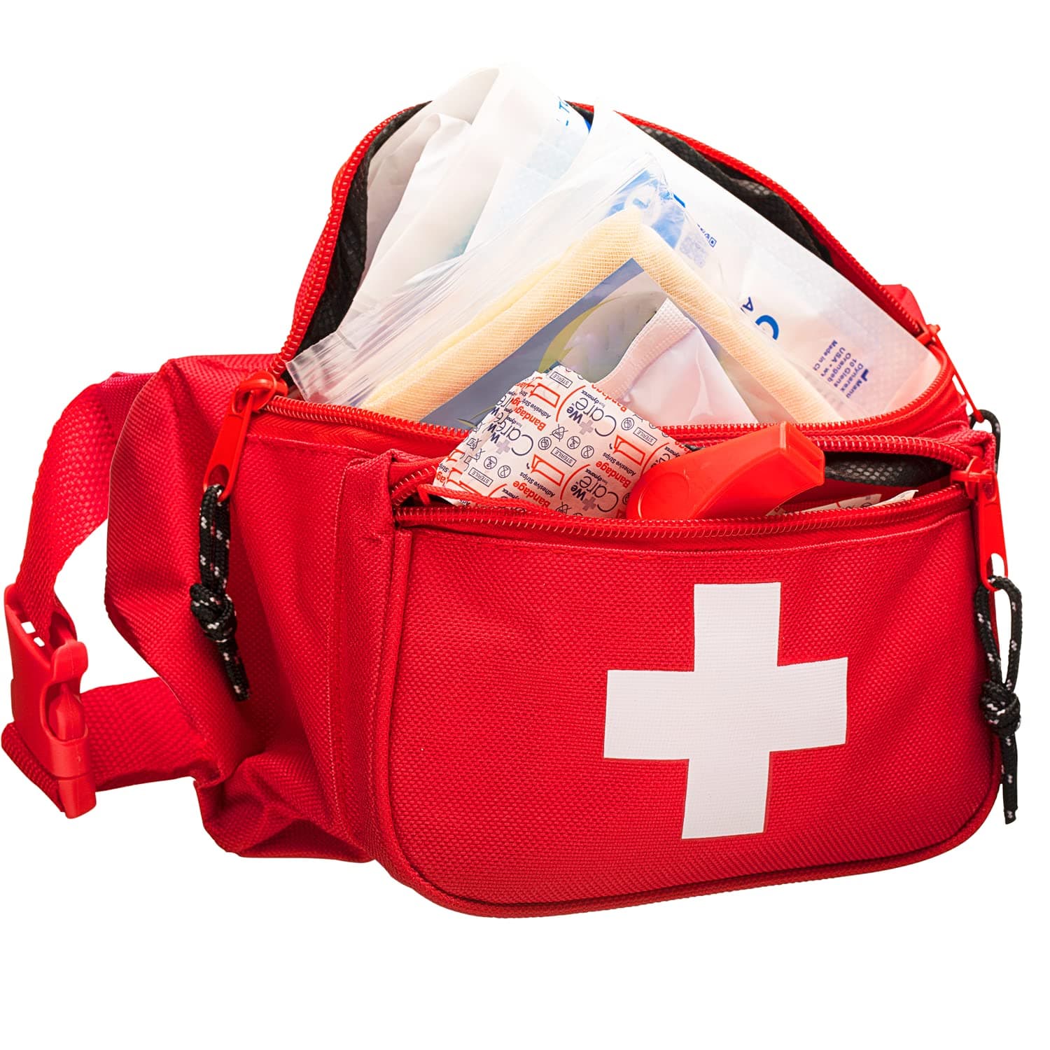 First Aid Fanny Pack Stocked with 75 Piece Emergency Essentials, 8"x2"x6", Waist Bag w/ 3 Zippered Compartments & Adjustable Strap for Lifeguard, Hiking, Travel Men & Women, Durable, Red