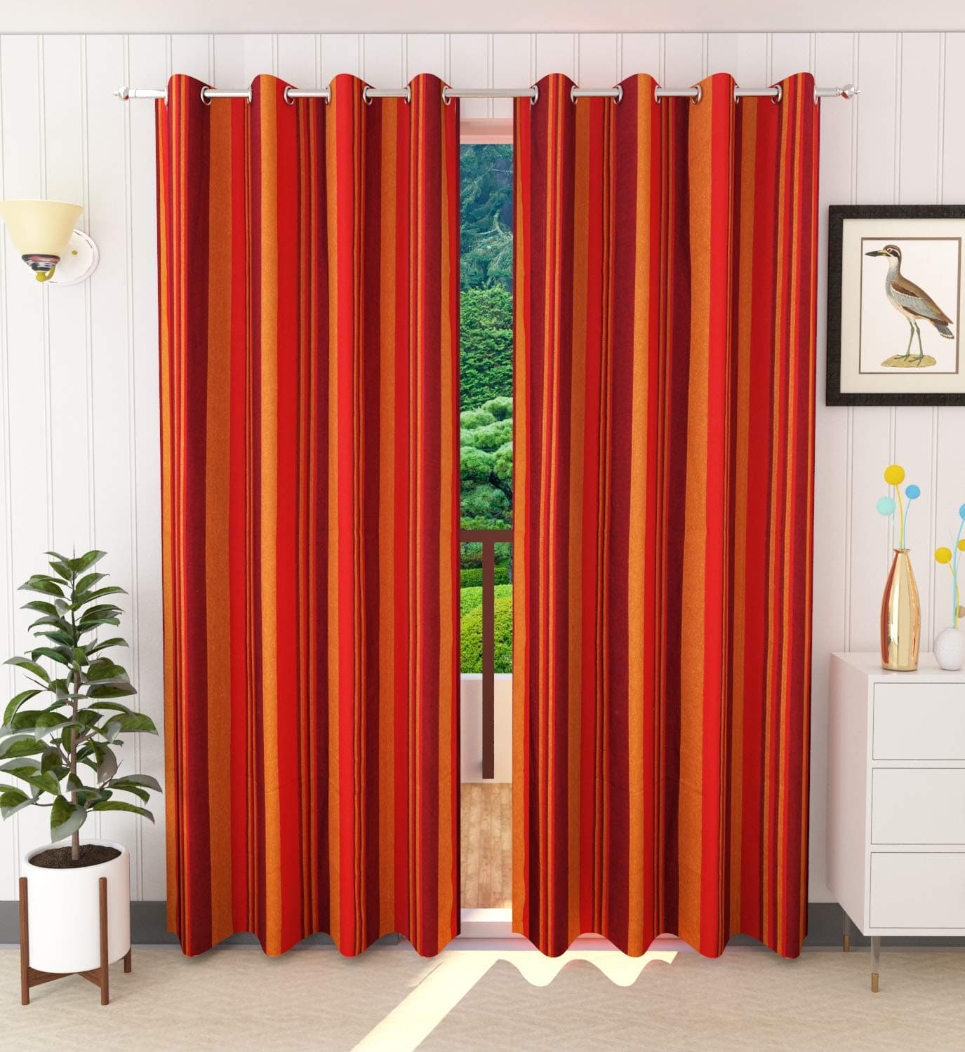 RANGBHAR Handloom Cotton Curtain for Windows with Eyelets, Striped, Red, 4 X 5 Ft, Pack of 2, Suitable for Living Room, Bedroom, Home Decoration