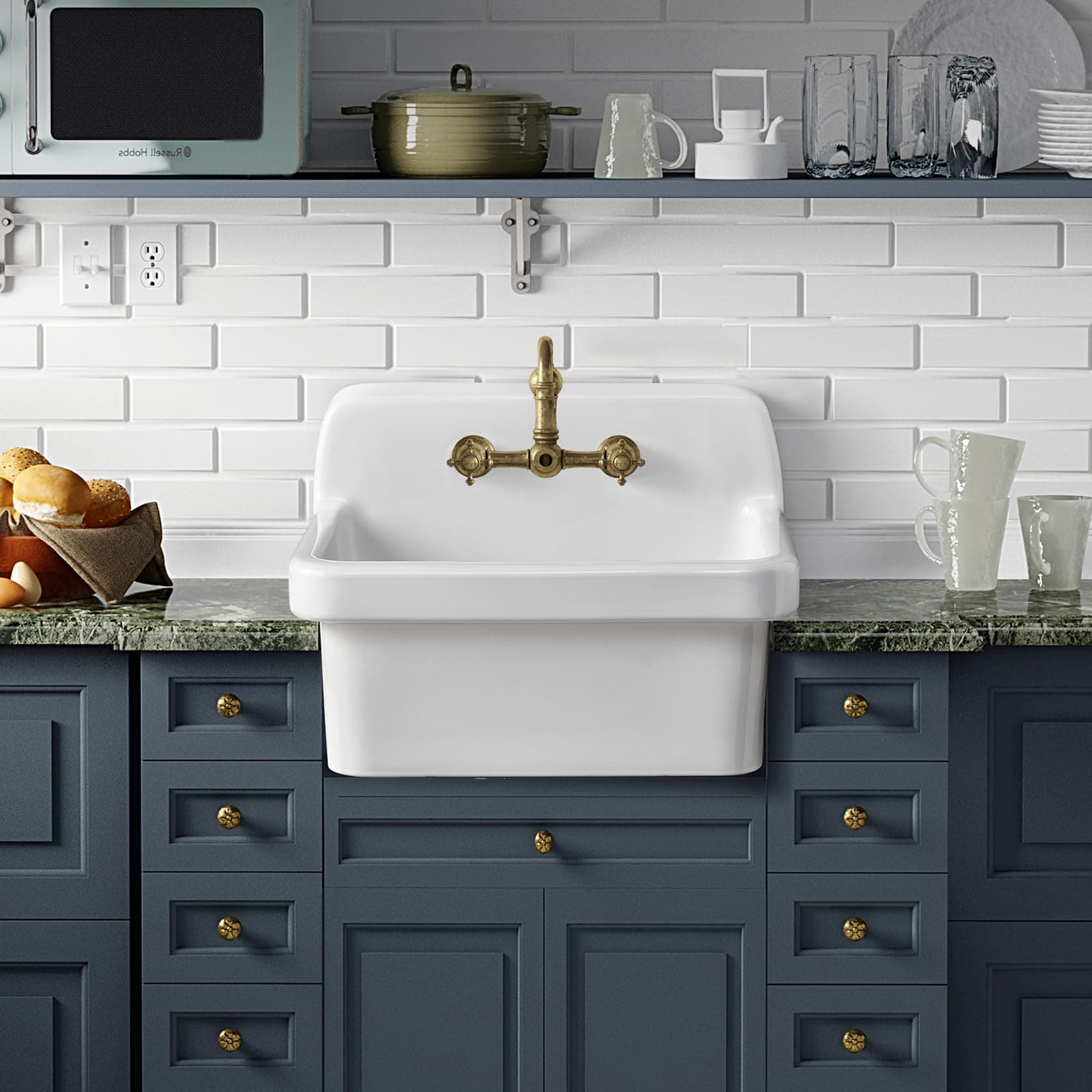 ELLAI 24 Inch White Ceramic Farm Style Wall Mount Utility Sink High Back Wall Mounted Laundry Tub 10 Gallon Farmhouse Sink Slop Sink for Laundry Room, Garage, Kitchen, Bathroom 24" x 19" x 16.5"