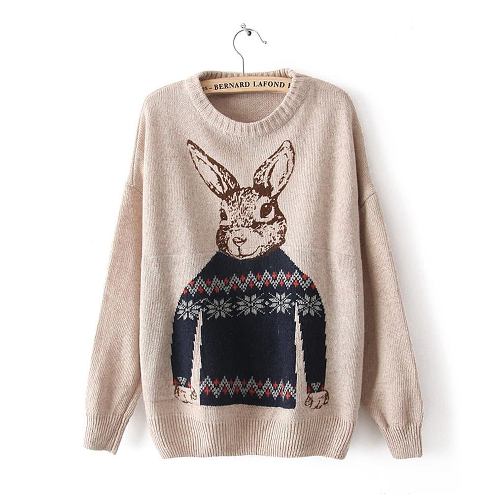 Vintage Beige Batwing Long Sleeve Rabbit Print Pullovers Sweater for Women