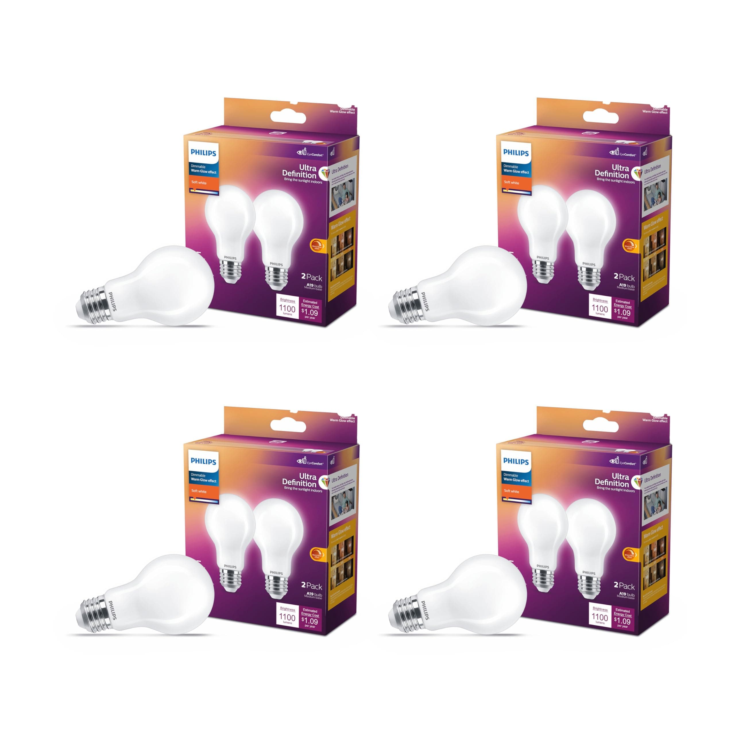 LED 75W A19 8-Pack Ultra Definition Soft White (2700K) 1100 Lumen (9W = 75W) Dimmable Frosted Flicker-Free Light Bulbs