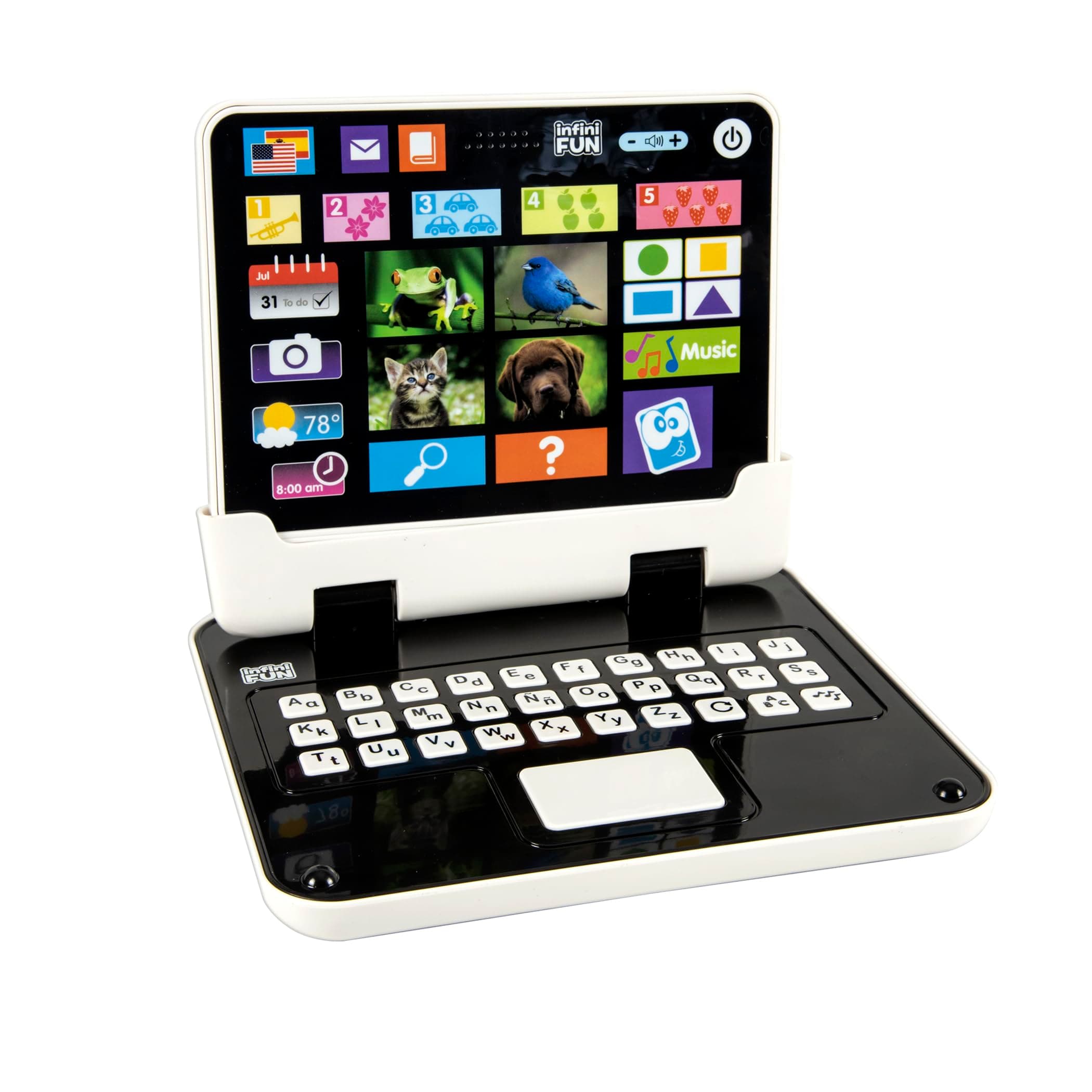 Kidz Delight Infini fun My First 2-in-1 Bilingual Tablet, English & Spanish Interactive Learning Toy for Ages 2+, Detachable Keyboard, Learn Alphabet, Numbers, Colors, Shapes, Plug & Play Realistic