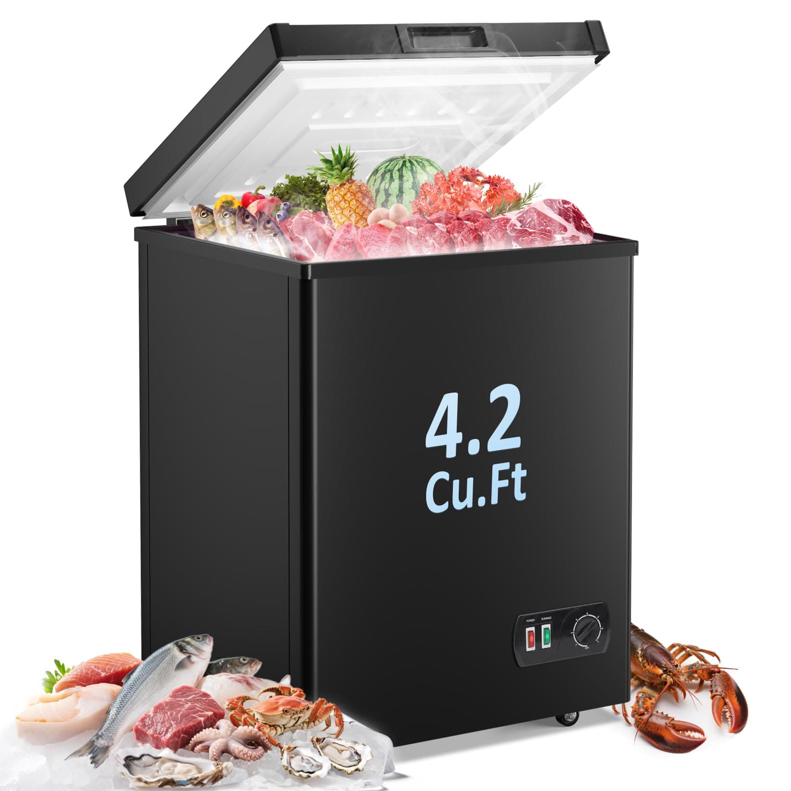 Chest Freezer - 4.2 Cubic Feet Deep Freezer Compact Freezer with Fast Cold 7 Adjustable Temperature Convenient Pulley, Small Freezer with Low Noise Energy Saving, Black