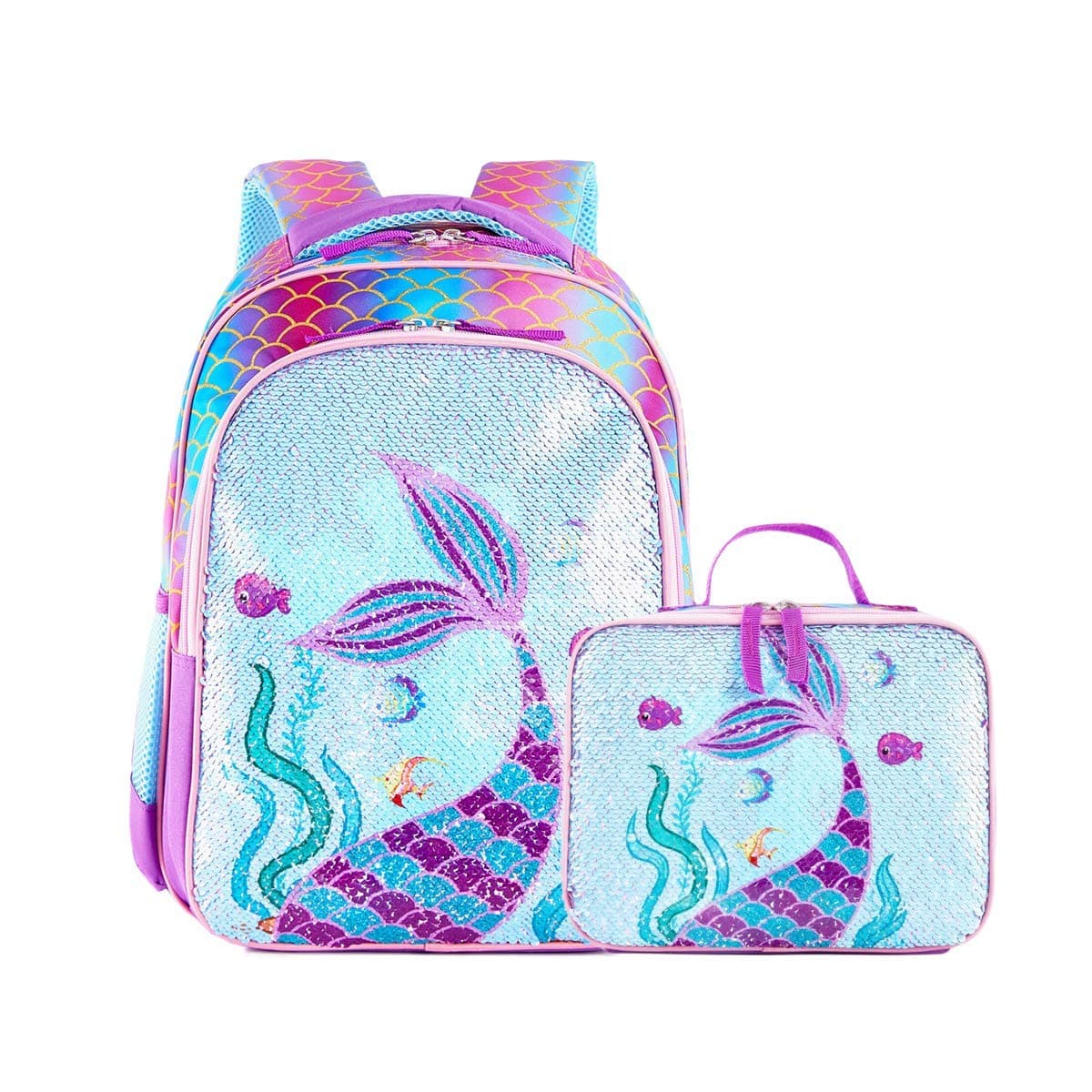 Reversible Sequin School Backpack Lightweight Little Kid Book Bag with Lunch Bag Set for Preschool Kindergarten Elementary(15", Mermaid with Lunch Bag)