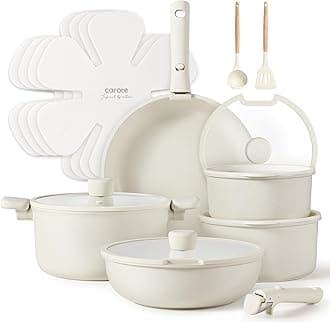 CAROTE Pots and Pans Set Non Stick, Cookware Sets, 18pcs Kitchen Set, Oven/Fridge Safe, Space Saving Pots Set, Nonstick Set with Versatile Removable/Detachable Handle, Induction RV Set, Cream White