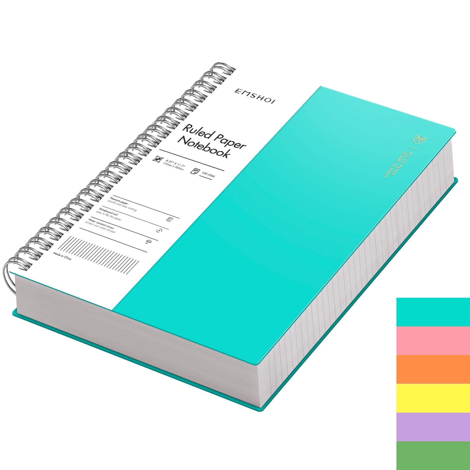 EMSHOI A4 Spiral Notebook College Ruled Lined Journal, 11.2" x 8.27", 300 Pages, 100gsm Thick Paper, Waterproof Softcover, Twin-Wire Binding, Sticky Notes, LightBlue