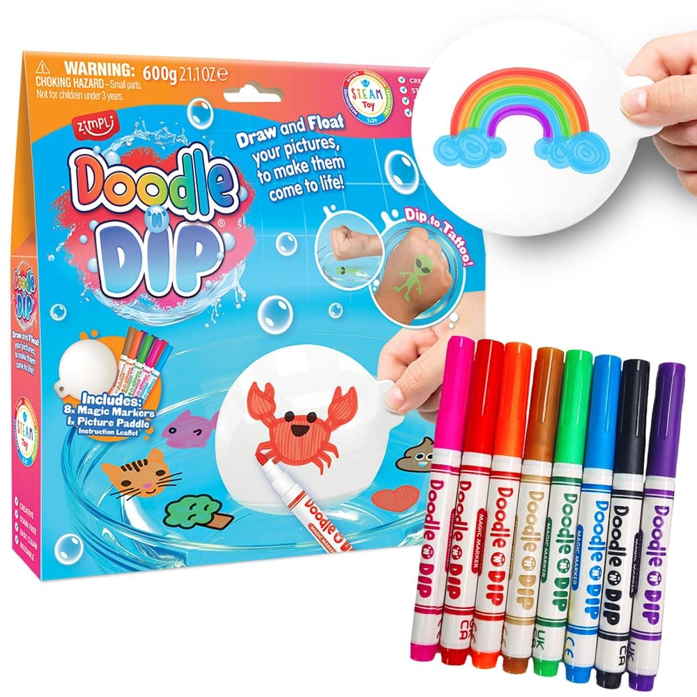 Zimpli Kids Doodle N Dip, Draw and Float Your Pictures and Add Them as Temporary Tattoos, 8 x Magic Markers & Picture Paddle, Magical Water Colouring Painting Pens, Creative Toy for Children