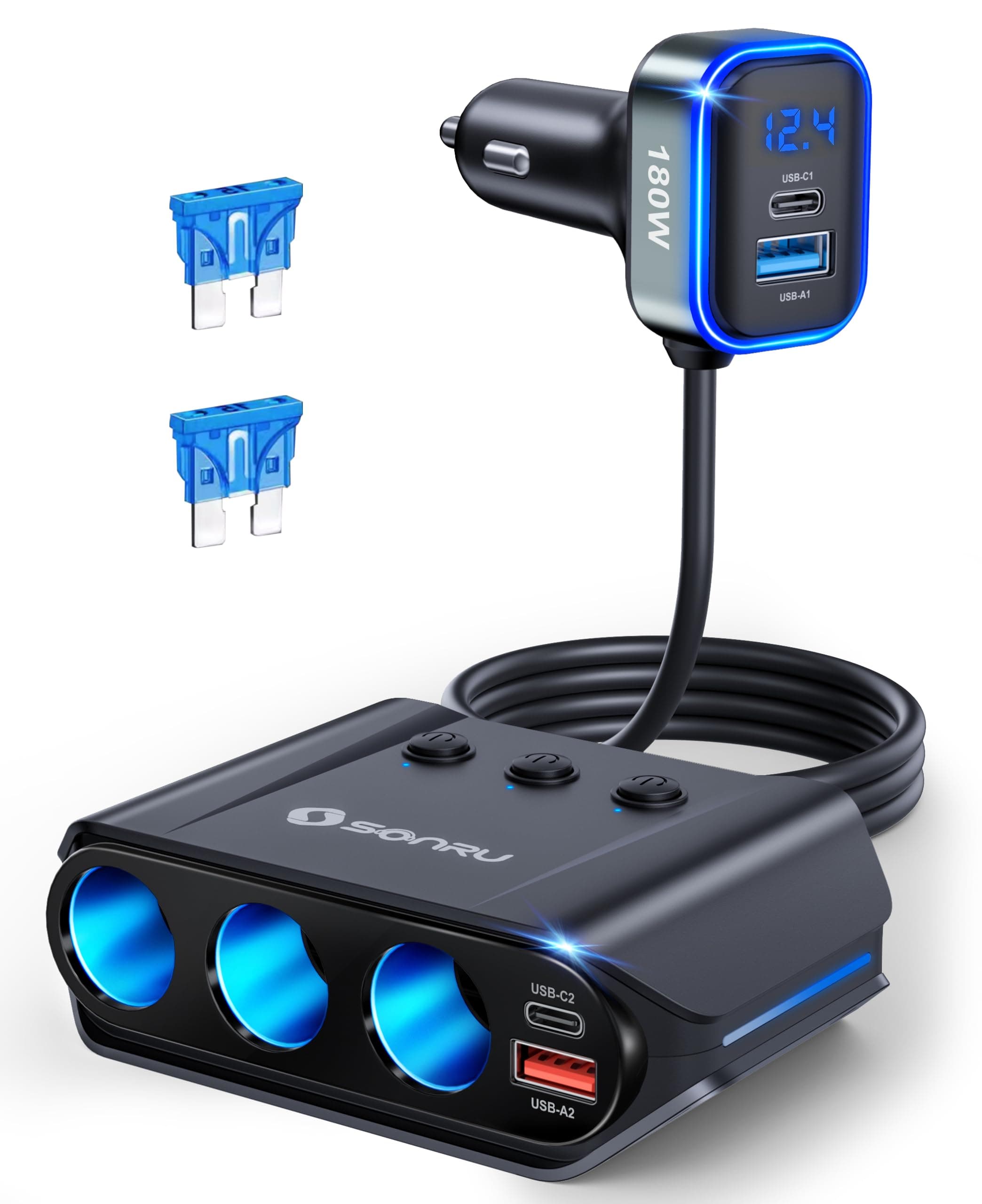 7 in 1 Cigarette Lighter Splitter, 180W [Dual PD & QC 3.0] Car Charger Adapter, 12V/24V Car USB Adapter Multi Socket with Voltmeter Fast Charging for iPhone 17/16/15 Samsung Galaxy Laptop Car Devices