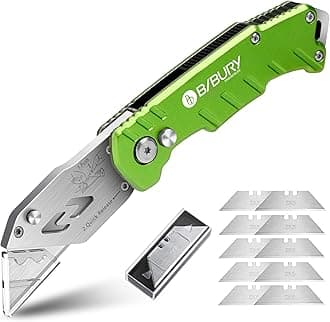Utility Knife, BIBURY Upgraded Version Heavy Duty Box Cutter, Pocket Carpet knife with 10 Replaceable SK5 Stainless Steel Blades, Belt Clip, Easy Release Button, Quick Change and Safety Lock-Green