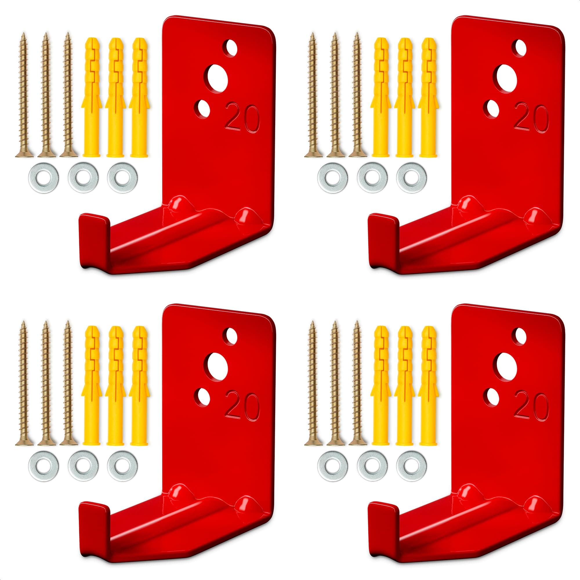 Fire Extinguisher Mount Brackets Set of 4, Heavy Duty Wall Mount Hook 2.36 x 1.57 x 2.36 in, Screws Anchors and Gaskets, Quick Install Holder, Supports up to 20 lb for Garage Workshop Home Cabinet Use