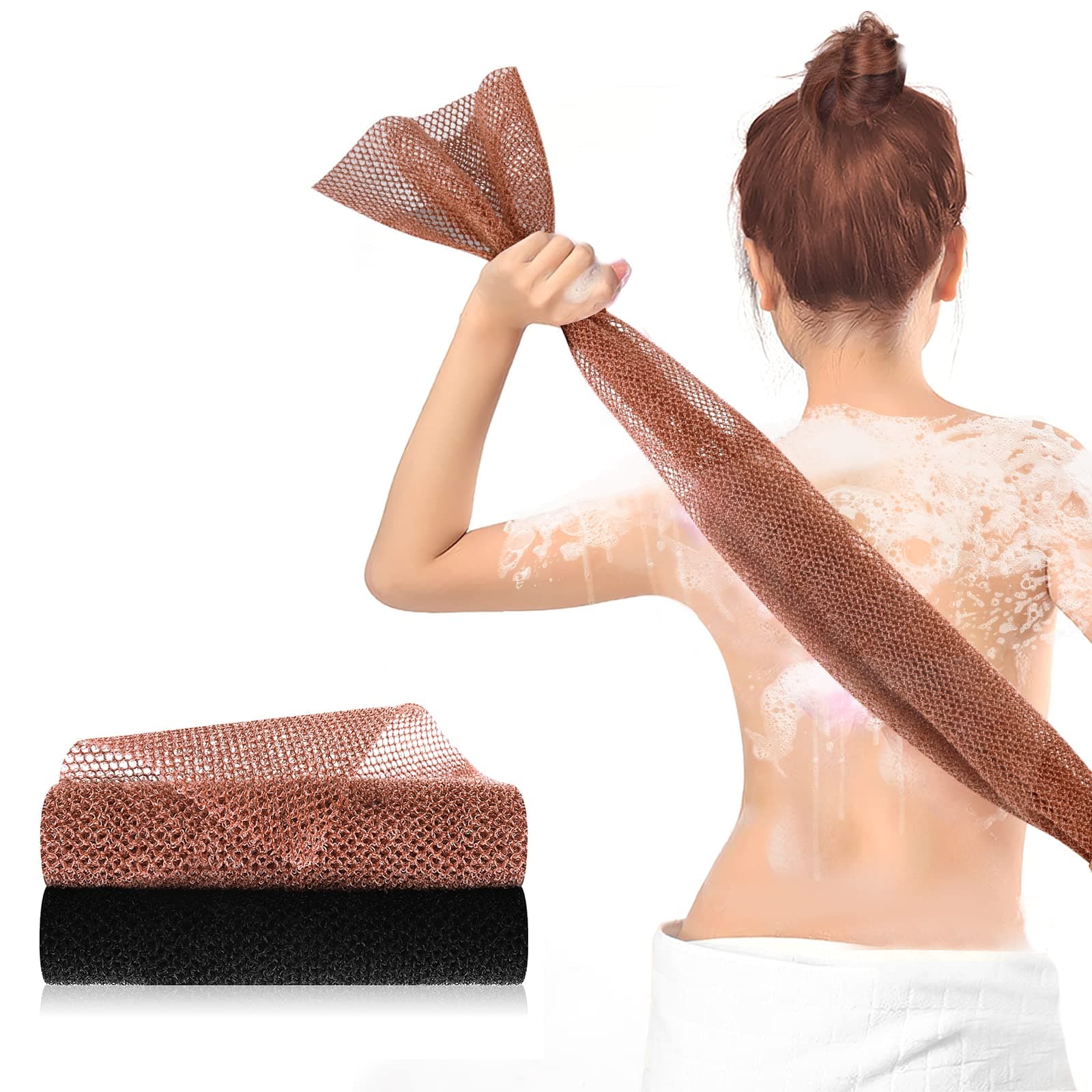Thinp 2 Pieces African Net Sponge, Exfoliating Body Premium Nylon Wash Shower Scrubber Back Skin Smoother Long Bath Sponge Daily Use (Black, Brown) (Thinp-543557_1)