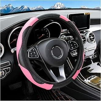 Car Steering Wheel Cover, 15 inch Carbon Fiber Microfiber PU Leather Elastic Steering Wheel Protector for Men Women, Anti-Slip Breathable Car Interior Accessories for Most Cars (Pink)