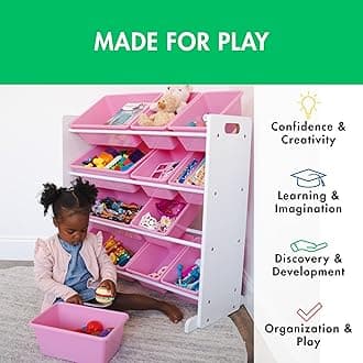 Humble Crew Kids Toy Storage Organizer with 12 Plastic Bins, White/Pink – Removable Bins for Playroom, Bedroom, Toddler Furniture for Boys and Girls Ages