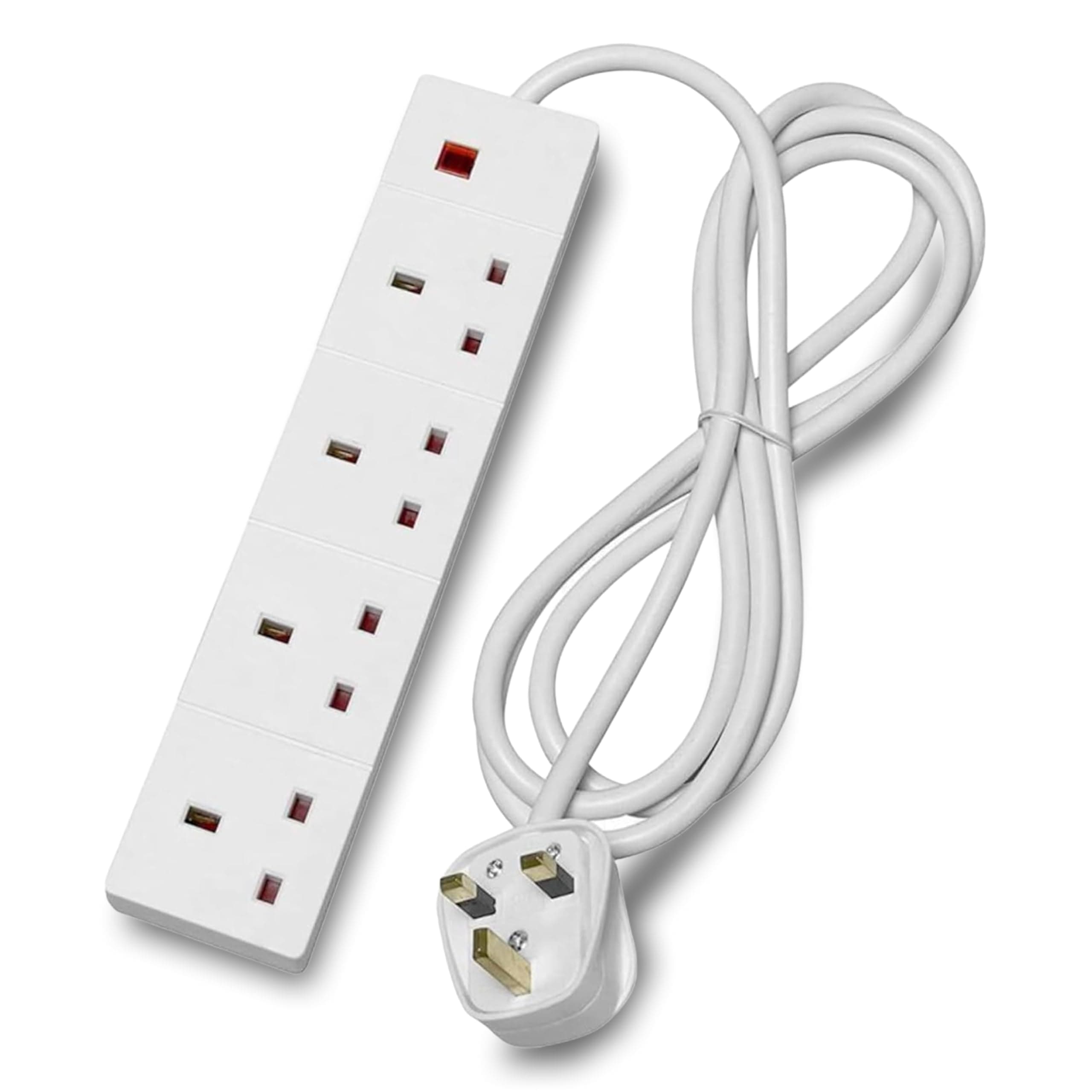 4 Way Socket Extension Lead, 4m Cable with Neon Power Indicator, 13A Multi-Plug Strip for Home or Office, Wall Mountable, White (S4W4MS6)