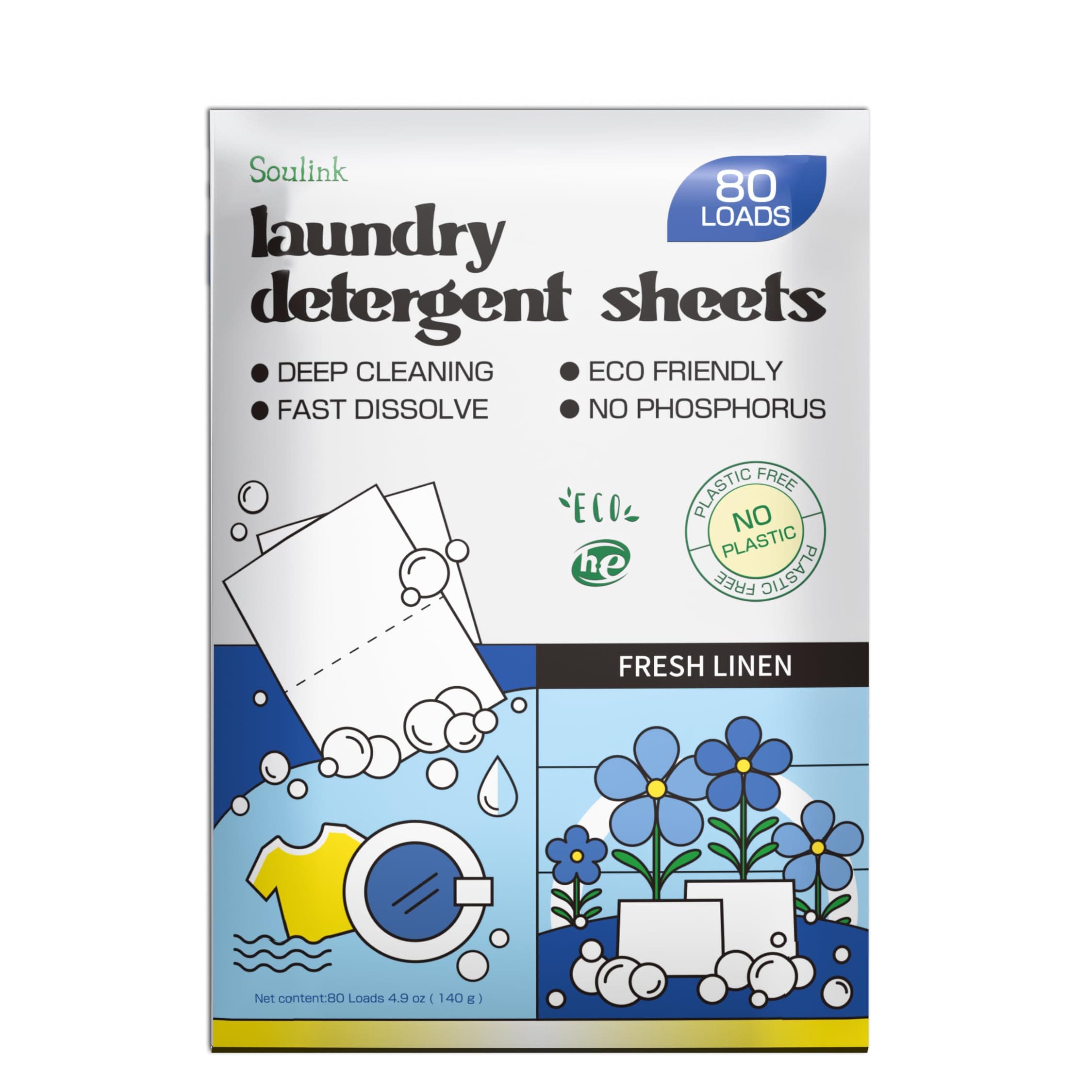 Soulink Laundry Detergent Sheets Up to 80 Loads, Eco Friendly Detergent Strips For Travel & Home - No Plastic Jar Soap Sheets, Plant-Based, Hypoallergenic. Safe P