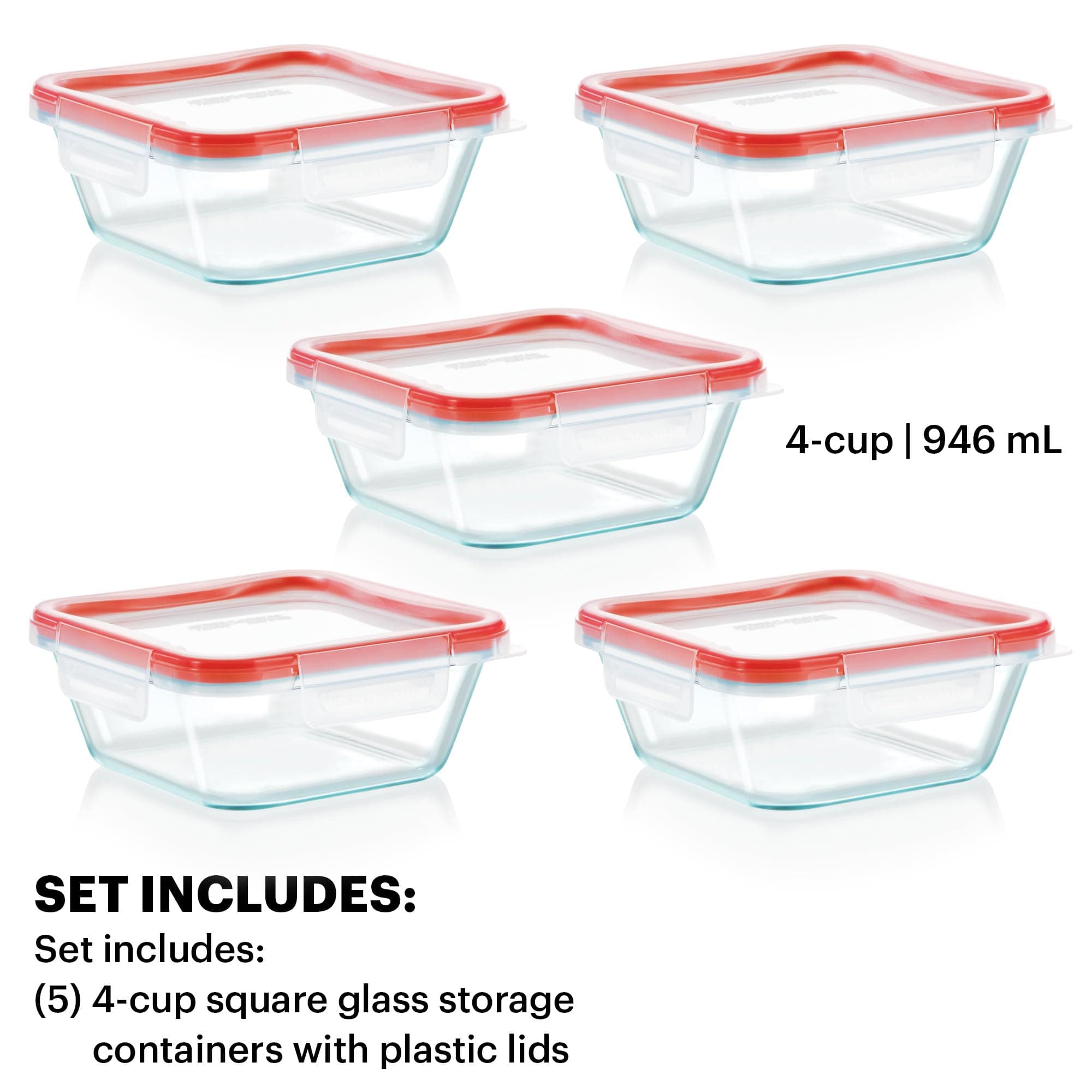 Pyrex Freshlock 10-Pieces 4-Cup Glass Food Storage Containers Set, Airtight & Leakproof Locking Lids, Freezer Dishwasher Microwave Safe