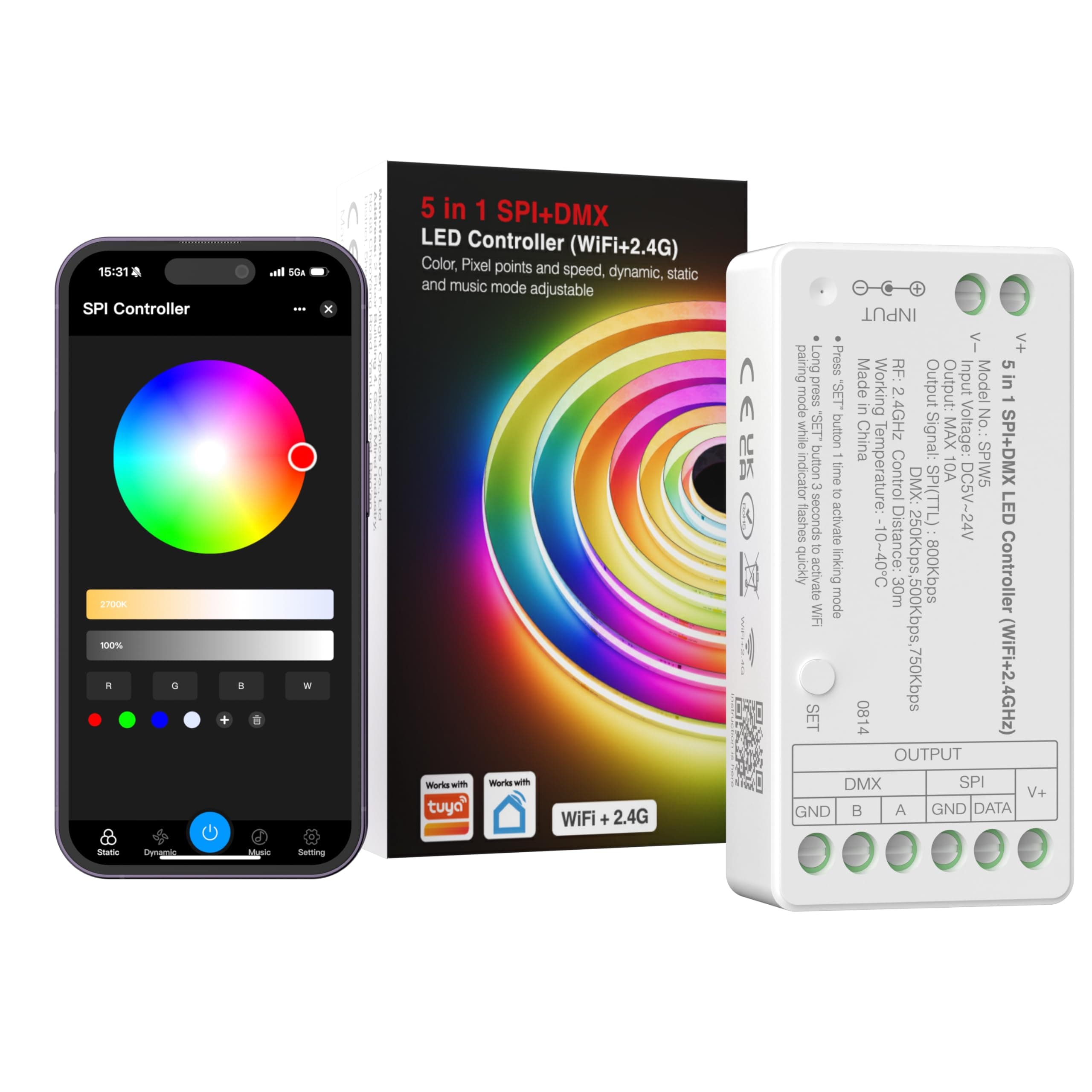 PAUTIX WiFi SPI+DMX SPIW5 Tuya SPI LED Controller Compatible with Alexa/Google Home,for Single Color/CCT/RGB/RGBW/RGBCCT SPI LED Strip Lights,Work with WS2811 SK6813 IC Addressable LED Strip